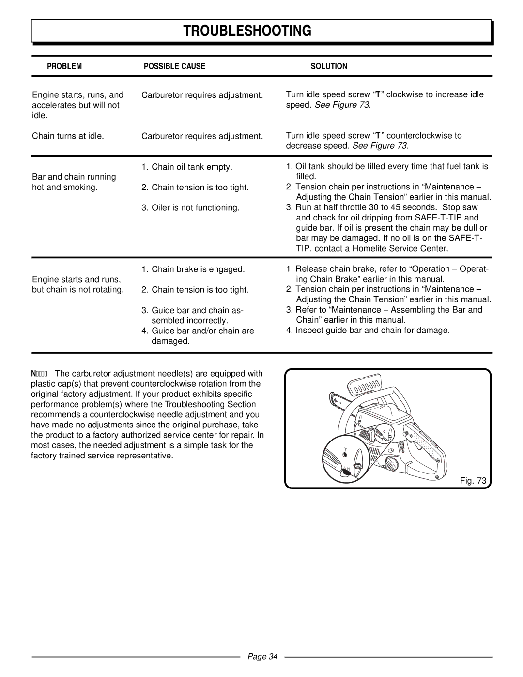 Homelite UT10510 manual Troubleshooting 