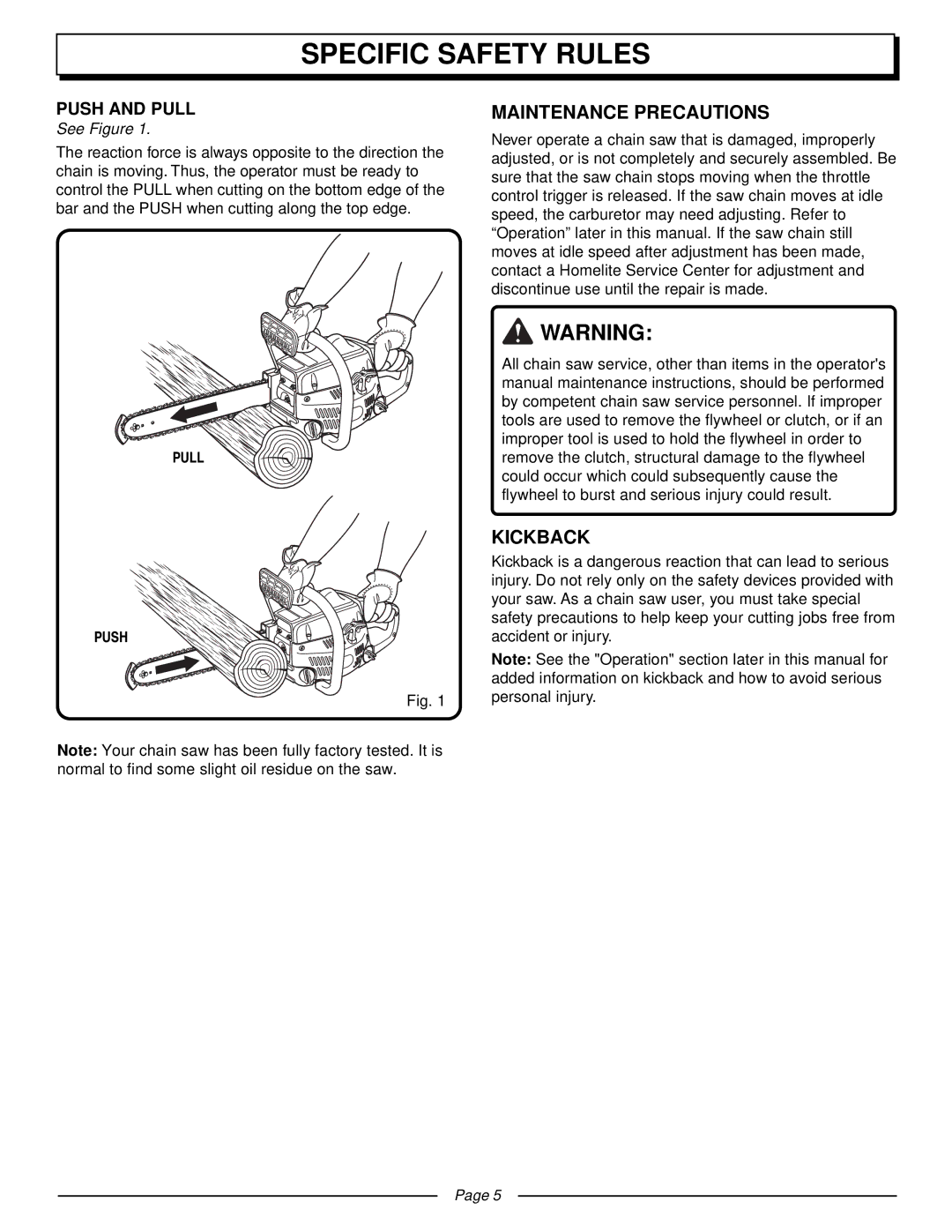 Homelite UT10510 manual Maintenance Precautions, Kickback, Push and Pull, See Figure 