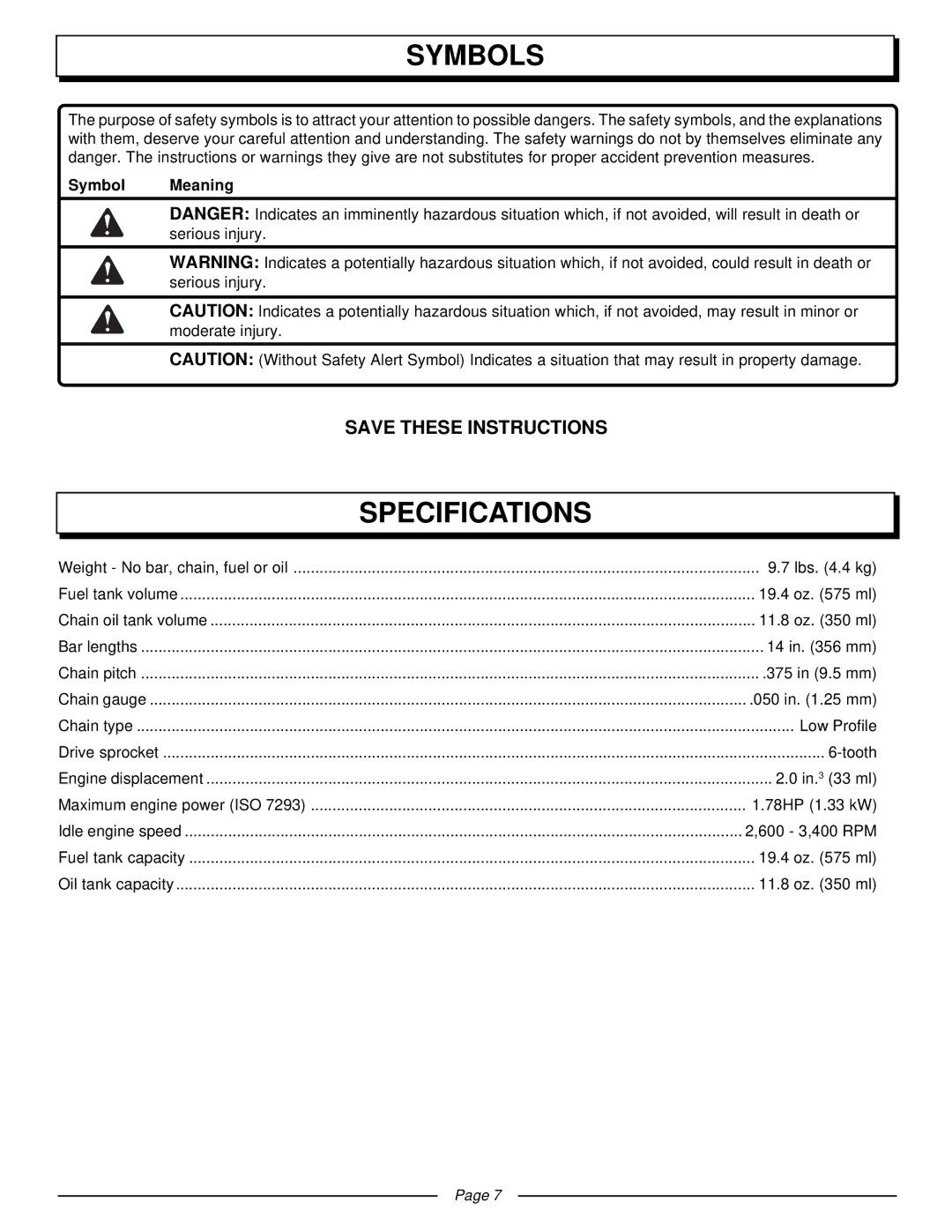 Homelite UT10510 manual Specifications 