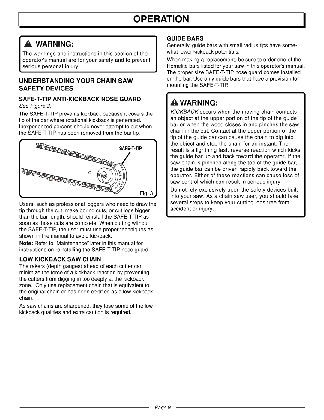 Homelite UT10510 Operation, Understanding Your Chain SAW Safety Devices, SAFE-T-TIP ANTI-KICKBACK Nose Guard, Guide Bars 