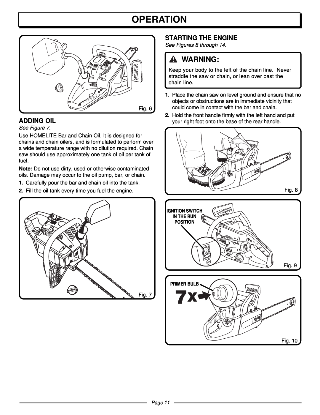 Homelite UT10510 manual Adding Oil, Starting The Engine, Operation, See Figures 8 through, Page 