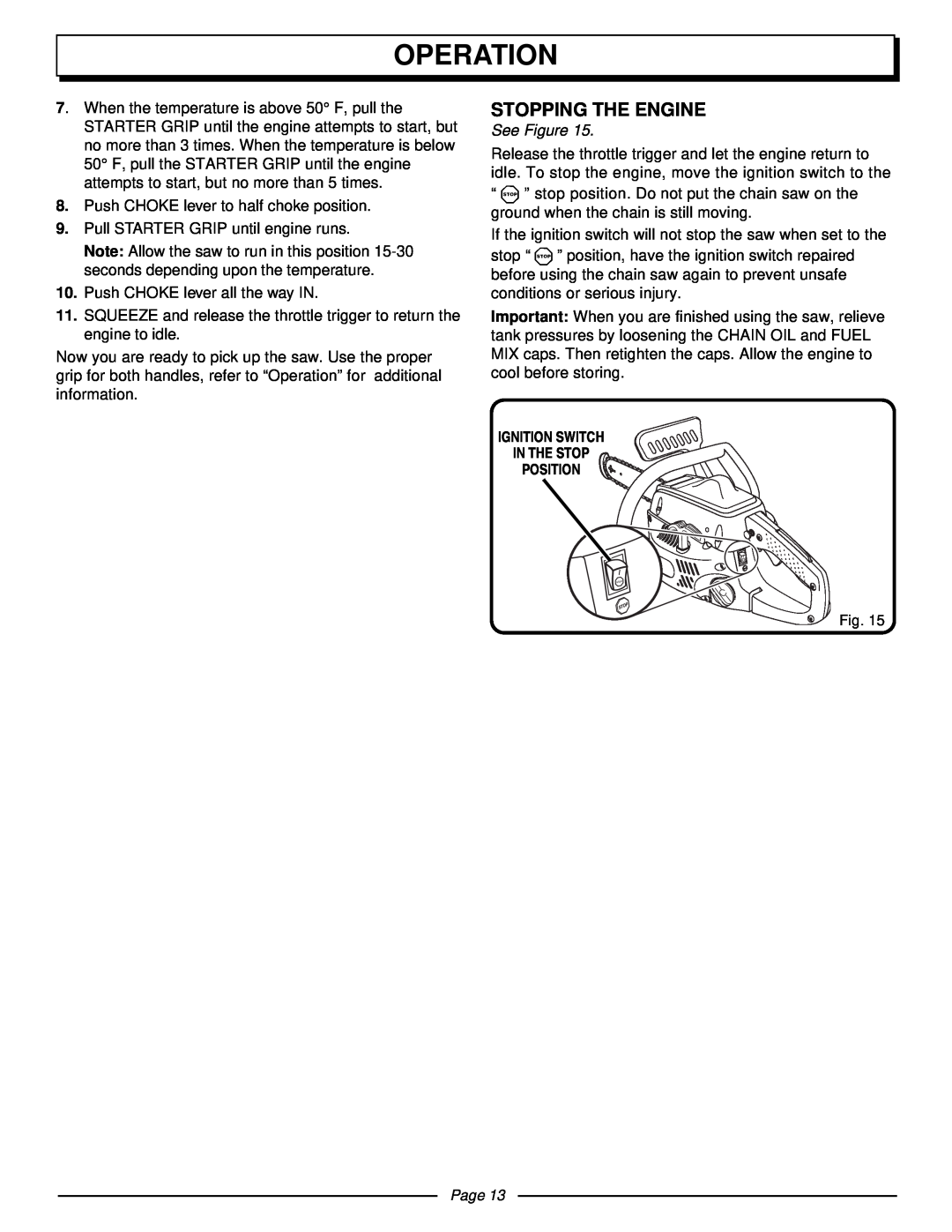Homelite UT10510 manual Stopping The Engine, Operation, See Figure, Page 