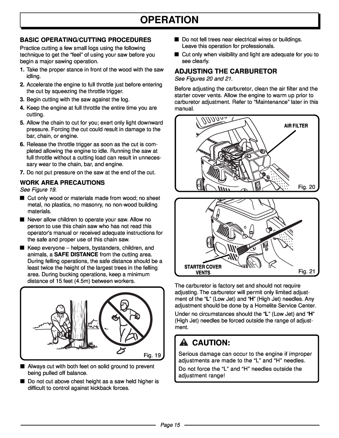 Homelite UT10510 Adjusting The Carburetor, Operation, Basic Operating/Cutting Procedures, Work Area Precautions, Page 