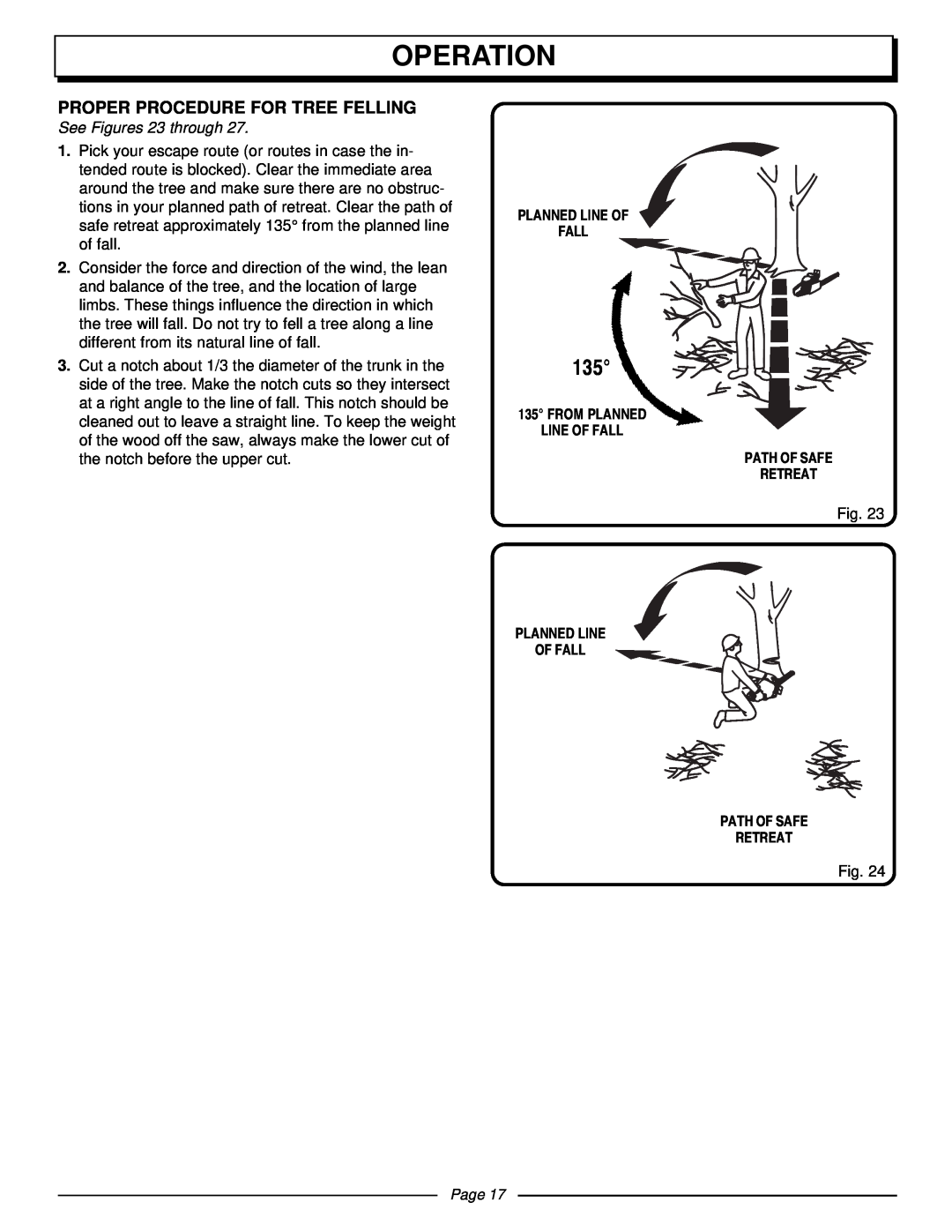 Homelite UT10510 manual Operation, Proper Procedure For Tree Felling, See Figures 23 through, Page 