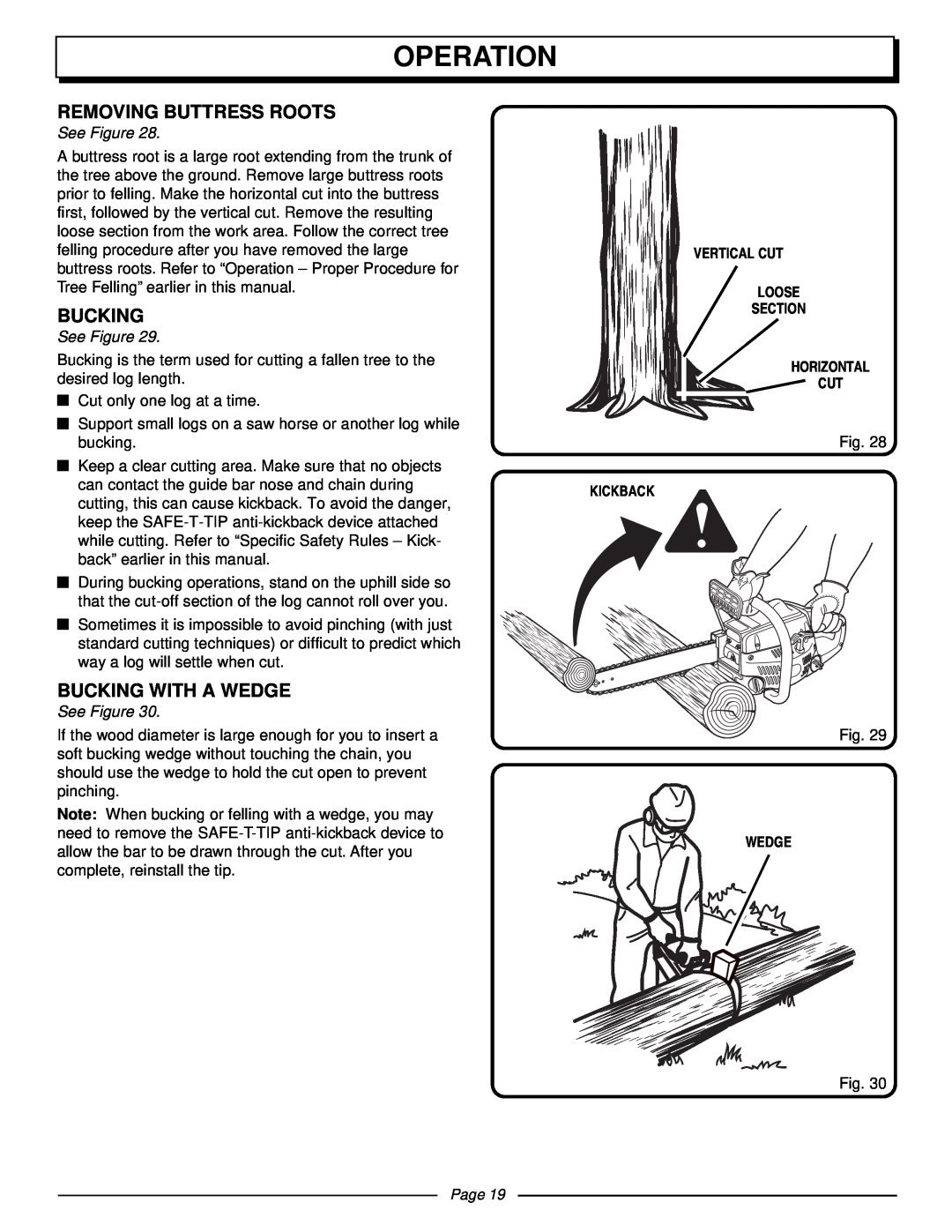 Homelite UT10510 manual Removing Buttress Roots, Bucking With A Wedge, Operation, See Figure, Page 