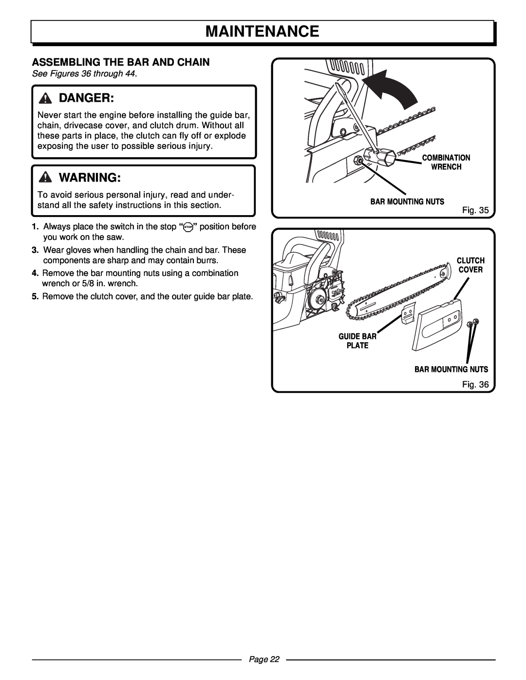 Homelite UT10510 manual Maintenance, Danger, Assembling The Bar And Chain, See Figures 36 through, Page 