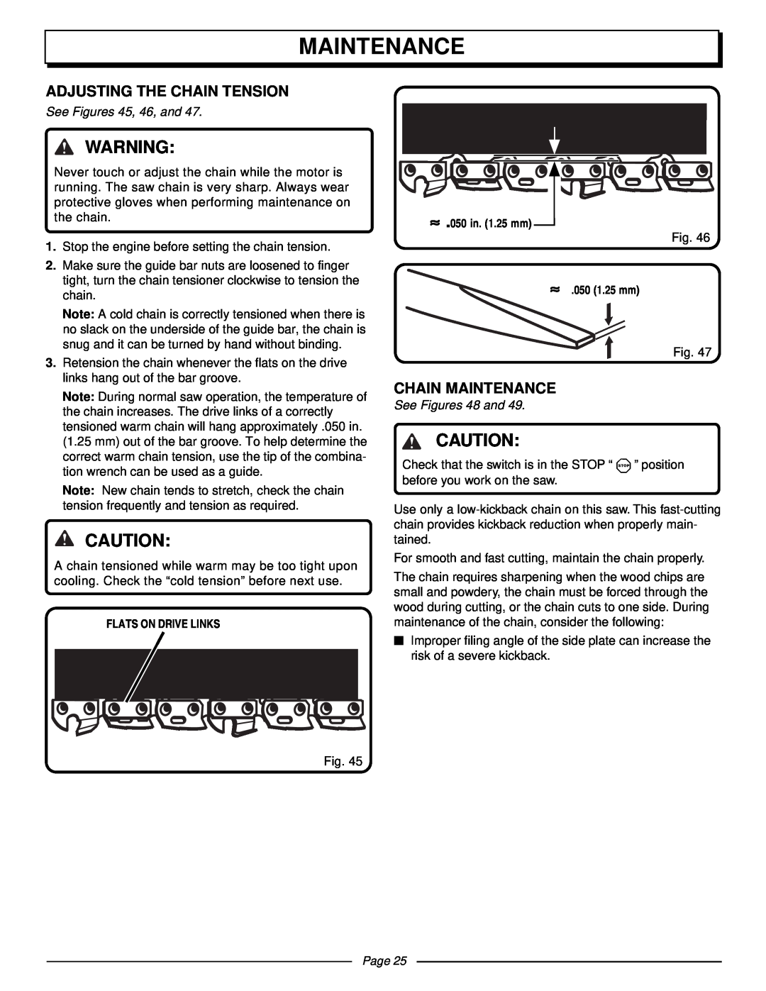 Homelite UT10510 manual Adjusting The Chain Tension, Chain Maintenance, See Figures 45, 46, and, See Figures 48 and, Page 