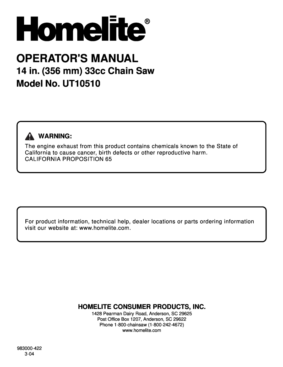 Homelite manual Homelite Consumer Products, Inc, Operators Manual, 14 in. 356 mm 33cc Chain Saw Model No. UT10510 