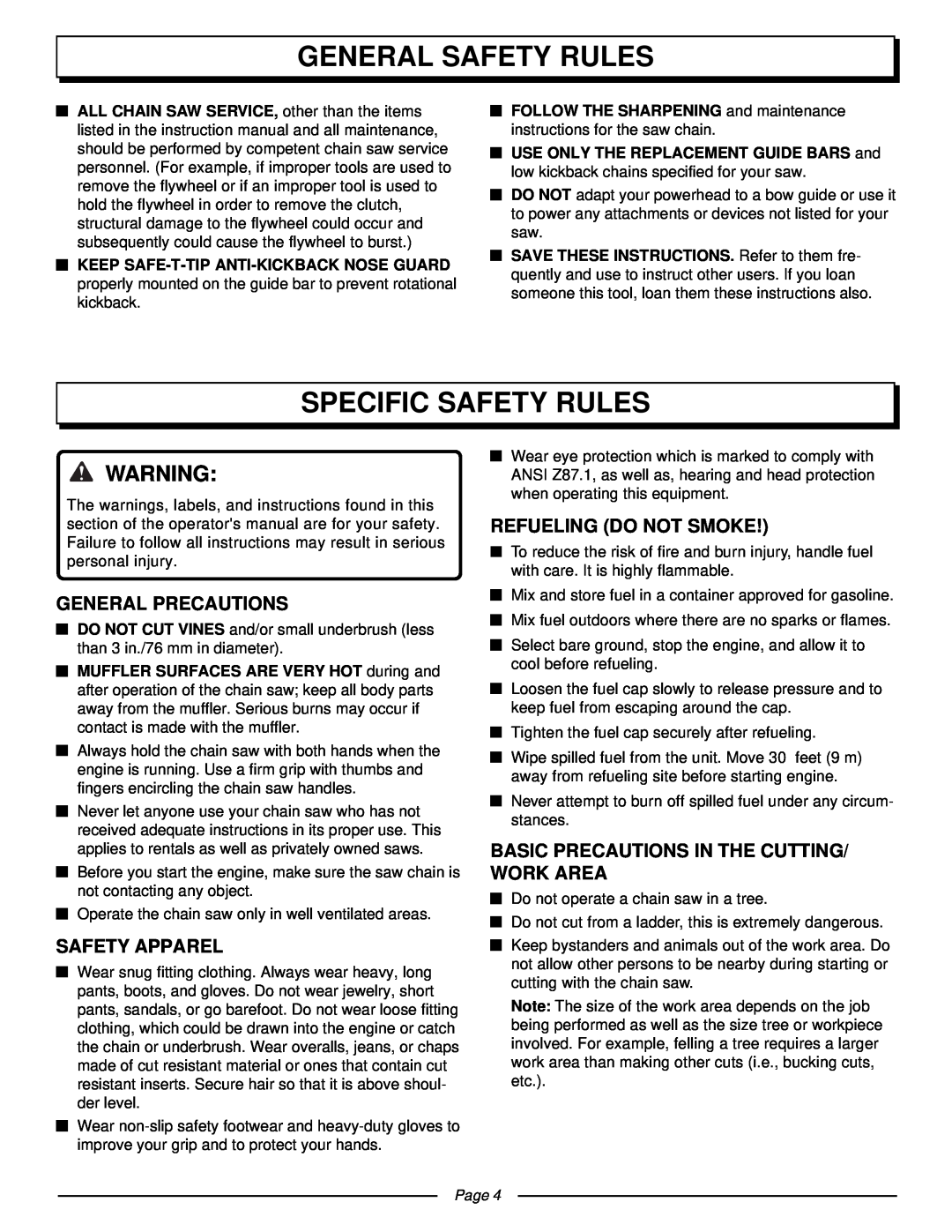 Homelite UT10510 Specific Safety Rules, General Precautions, Safety Apparel, Refueling Do Not Smoke, General Safety Rules 