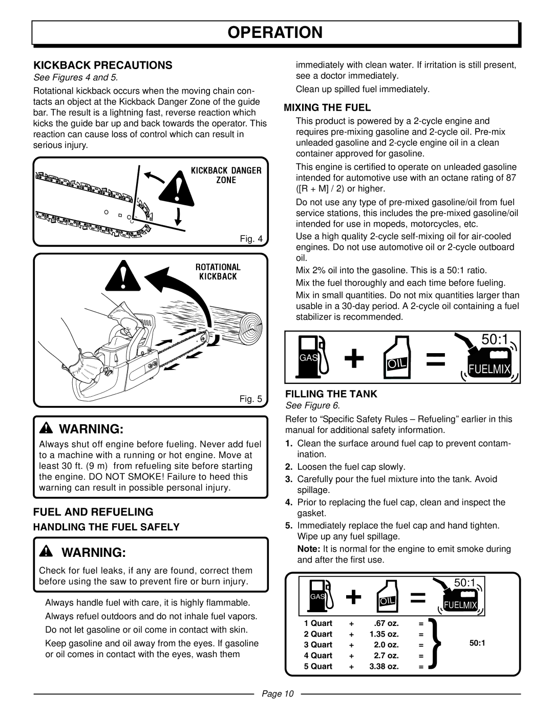 Homelite UT10510A Kickback Precautions, Fuel and Refueling, Handling the Fuel Safely, Mixing the Fuel, Filling the Tank 