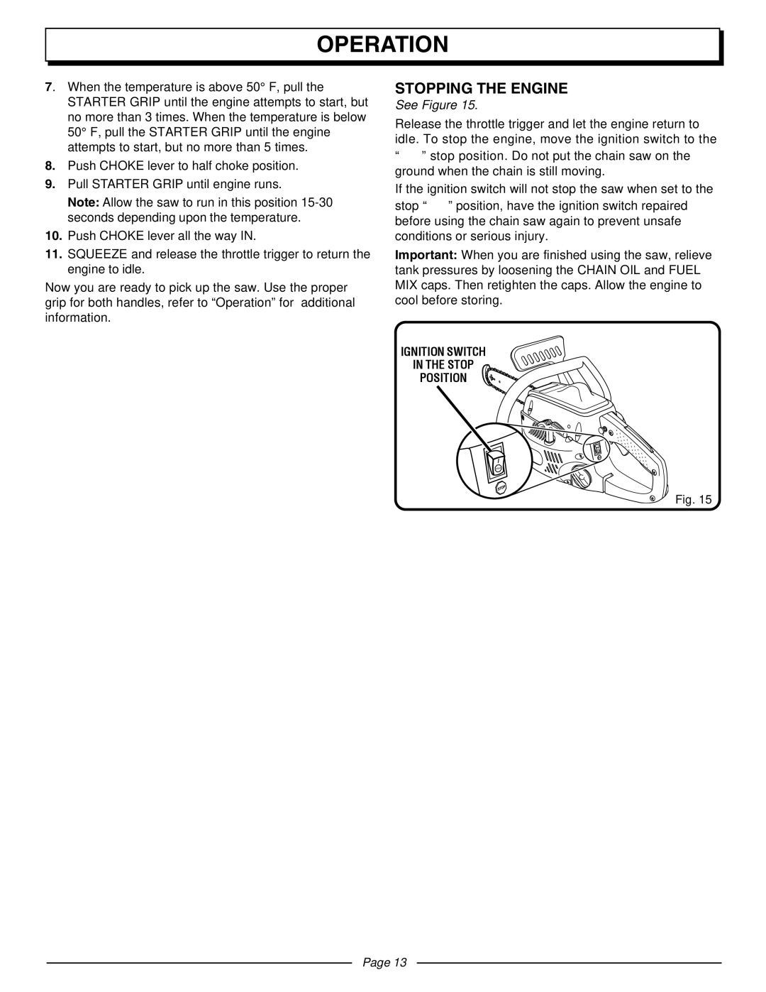 Homelite UT10510A manual Stopping the Engine 