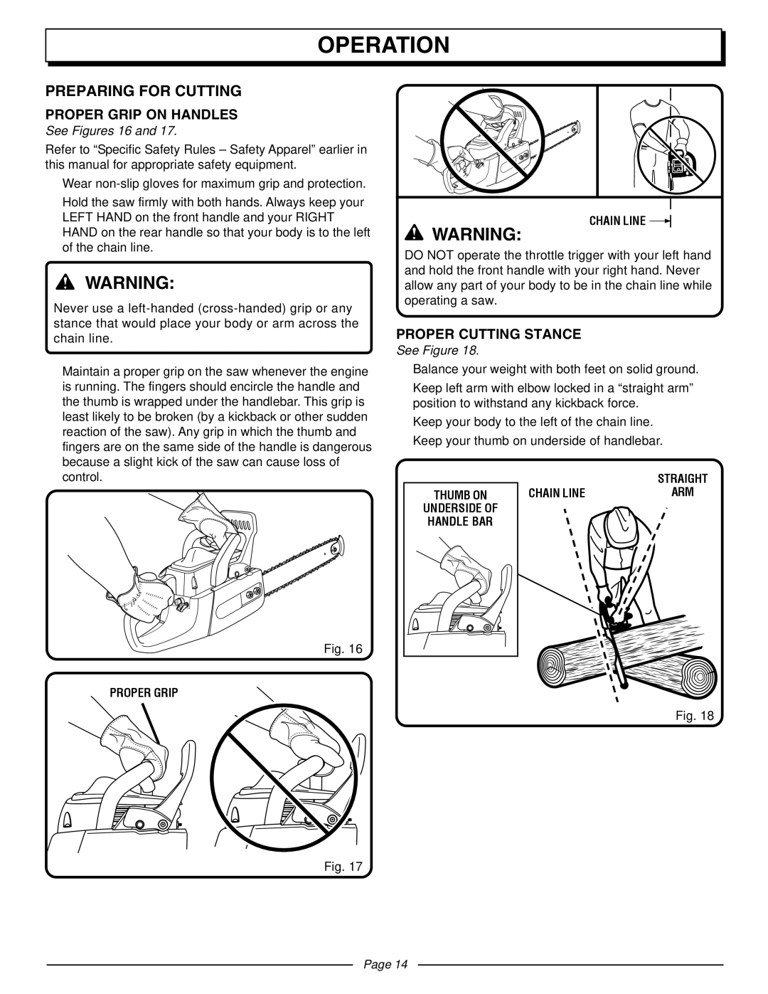 Homelite UT10510A manual Preparing for Cutting, Proper Grip on Handles, Proper Cutting Stance, See Figures 16 