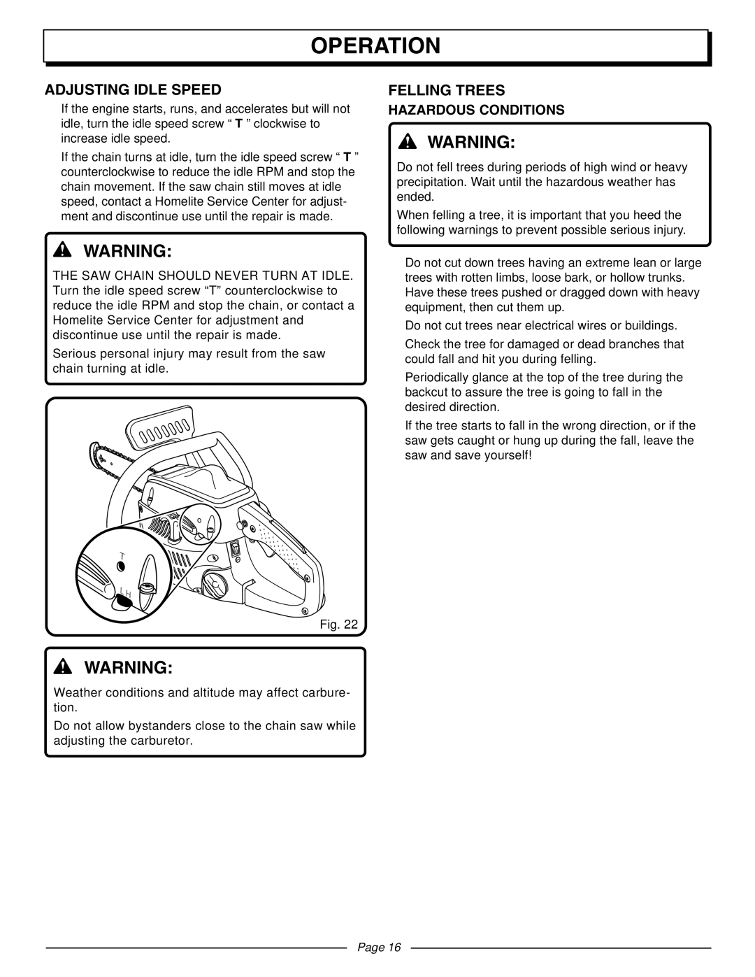 Homelite UT10510A manual Adjusting Idle Speed, Felling Trees, Hazardous Conditions 