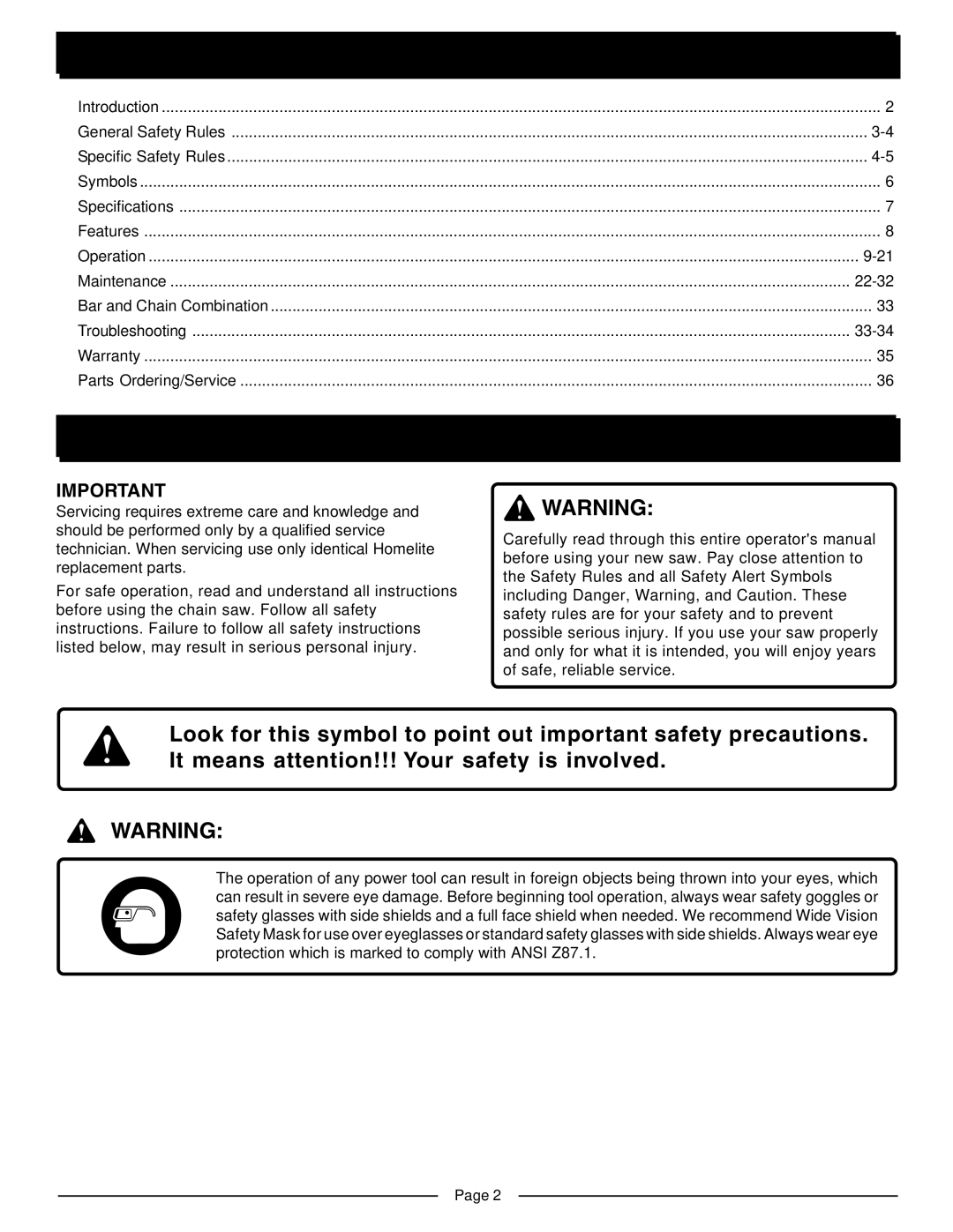 Homelite UT10510A manual Introduction, Table of Contents 