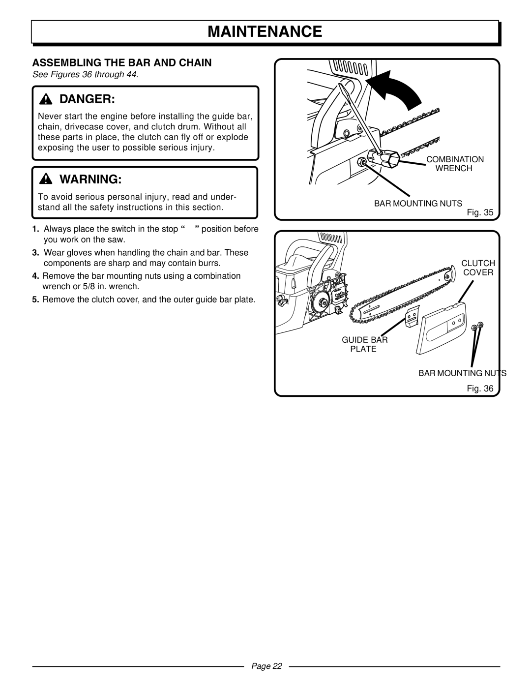 Homelite UT10510A manual Maintenance, Assembling the BAR and Chain, See Figures 36 through 