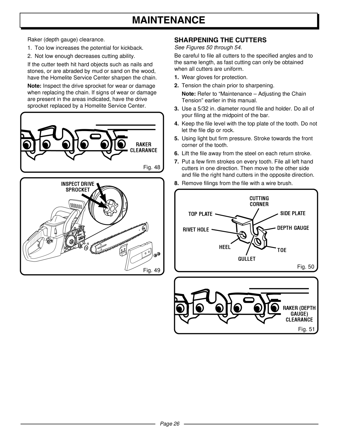 Homelite UT10510A manual Sharpening the Cutters, See Figures 50 through 