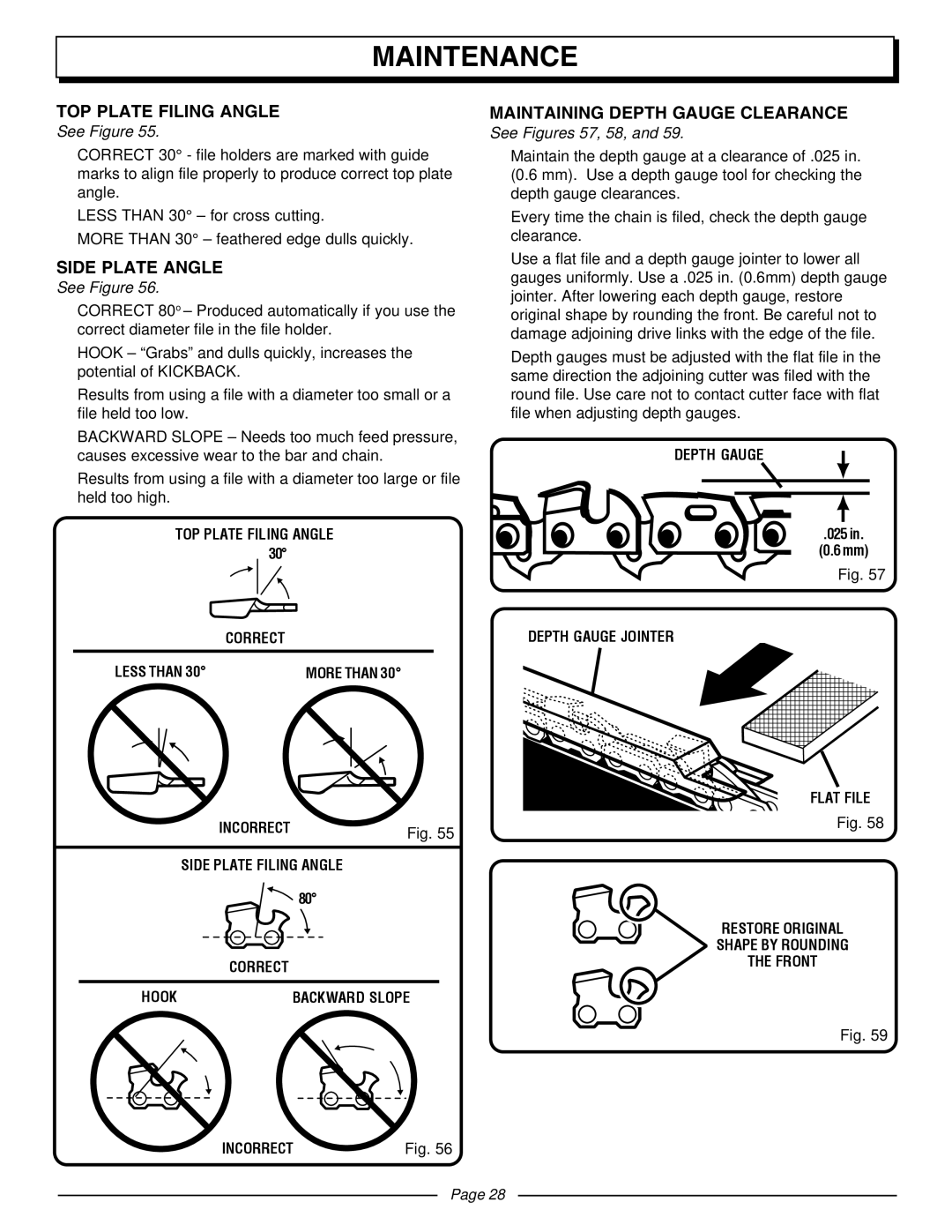 Homelite UT10510A manual TOP Plate Filing Angle, Side Plate Angle, Maintaining Depth Gauge Clearance, See Figures 57, 58 