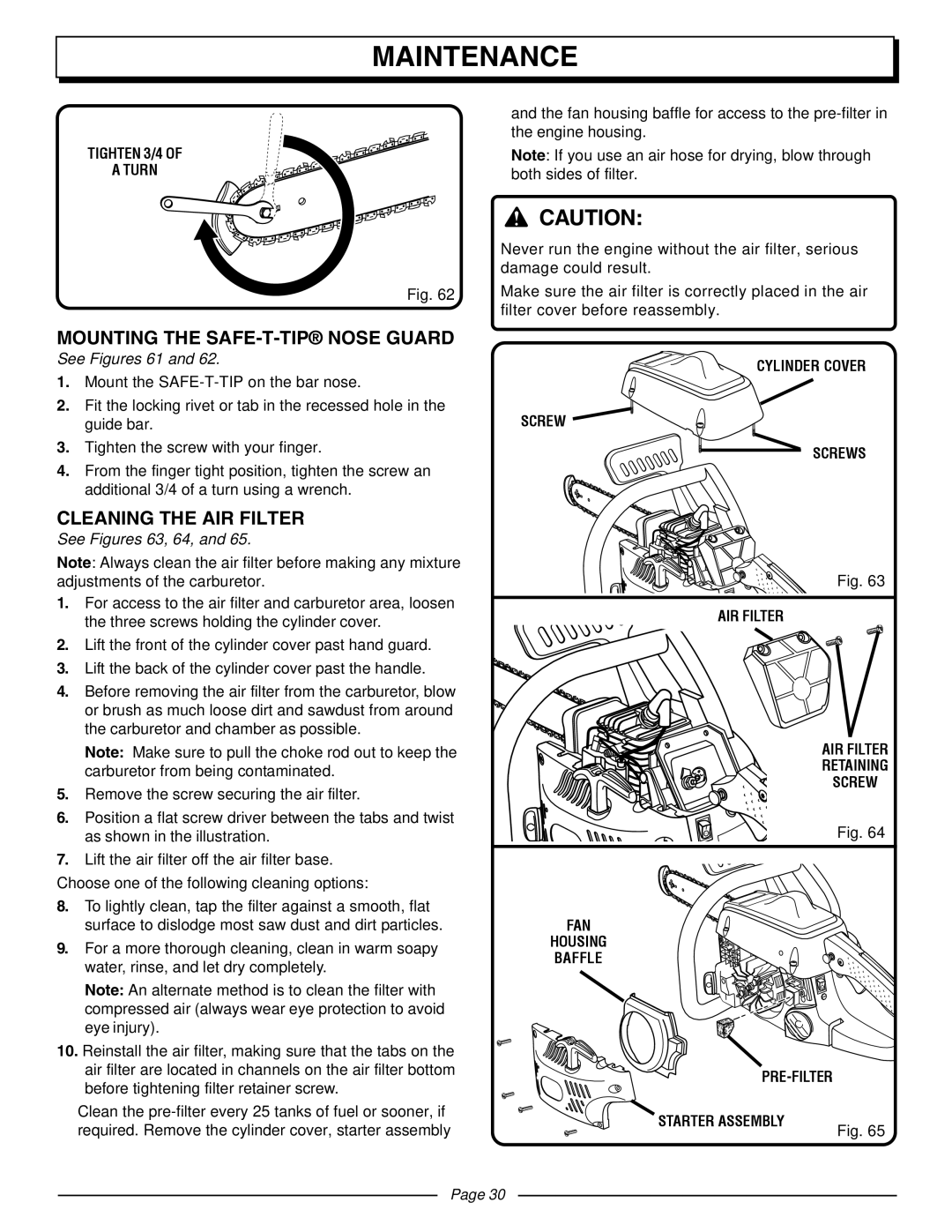 Homelite UT10510A manual Mounting the SAFE-T-TIP Nose Guard, Cleaning the AIR Filter, See Figures 63, 64 