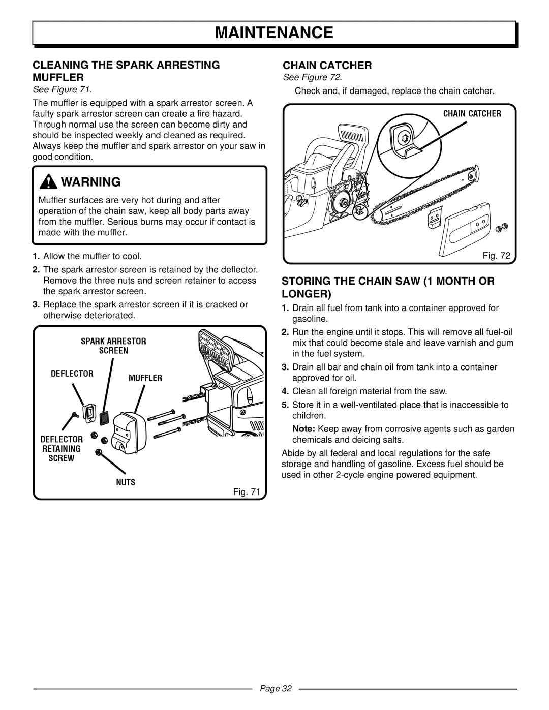 Homelite UT10510A manual Cleaning the Spark Arresting Muffler, Chain Catcher, Storing the Chain SAW 1 Month or Longer 