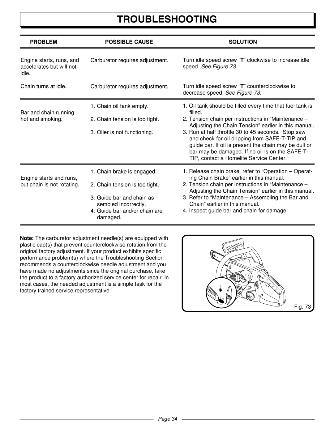 Homelite UT10510A manual Troubleshooting, Problem Possible Cause Solution 