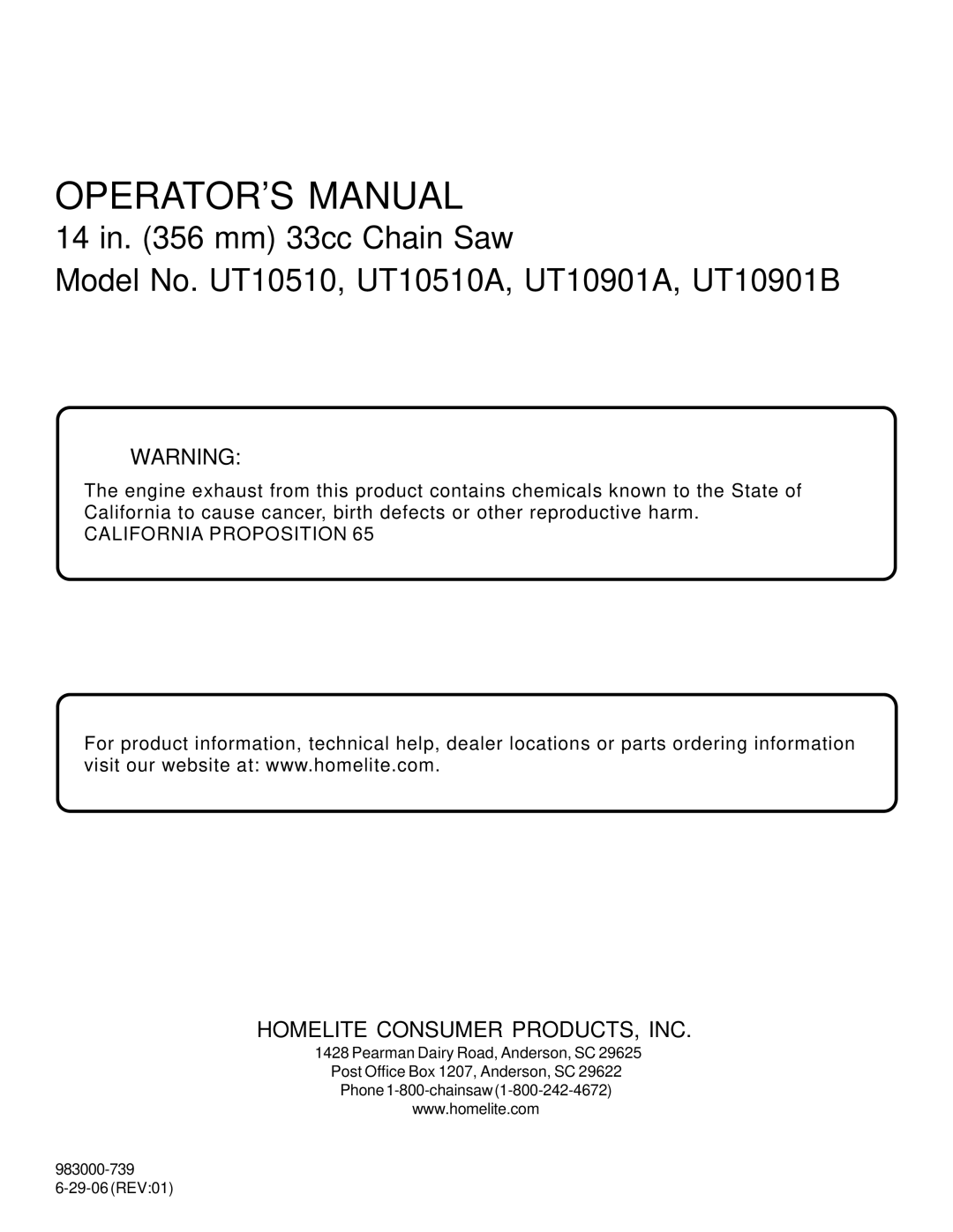 Homelite UT10510A manual Operators Manual 