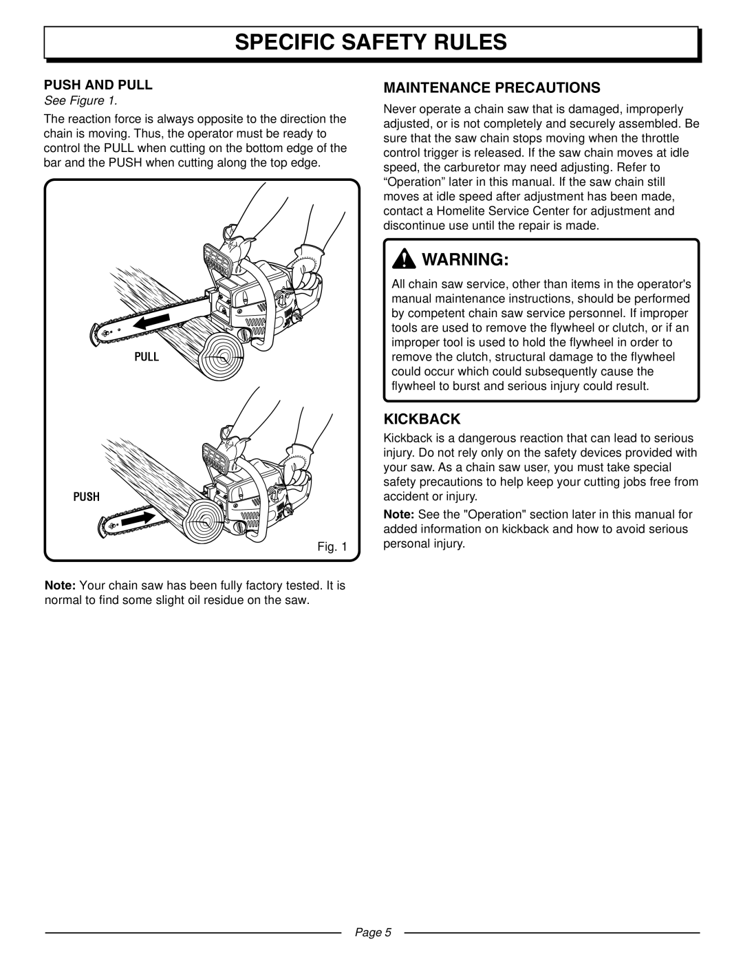 Homelite UT10510A manual Maintenance Precautions, Kickback, Push and Pull, See Figure 