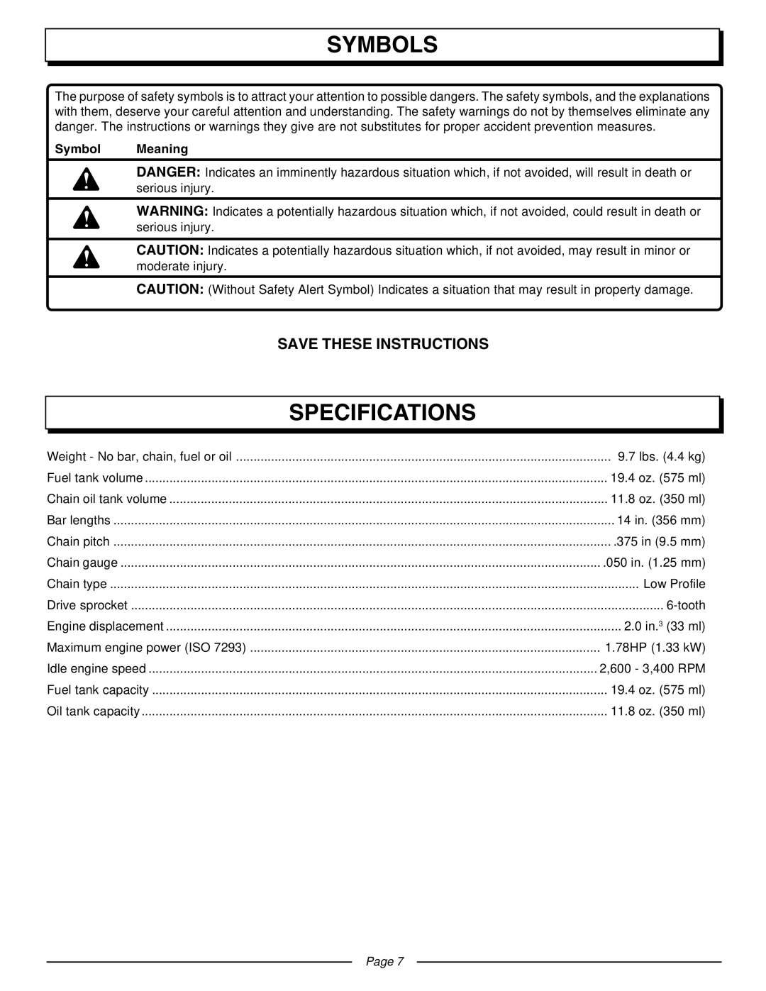 Homelite UT10510A manual Specifications 