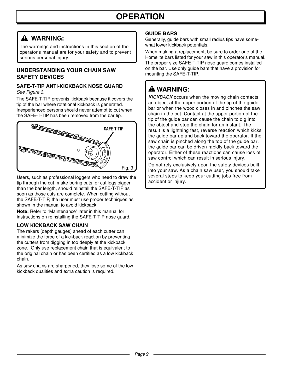 Homelite UT10510A Operation, Understanding Your Chain SAW Safety Devices, SAFE-T-TIP ANTI-KICKBACK Nose Guard, Guide Bars 