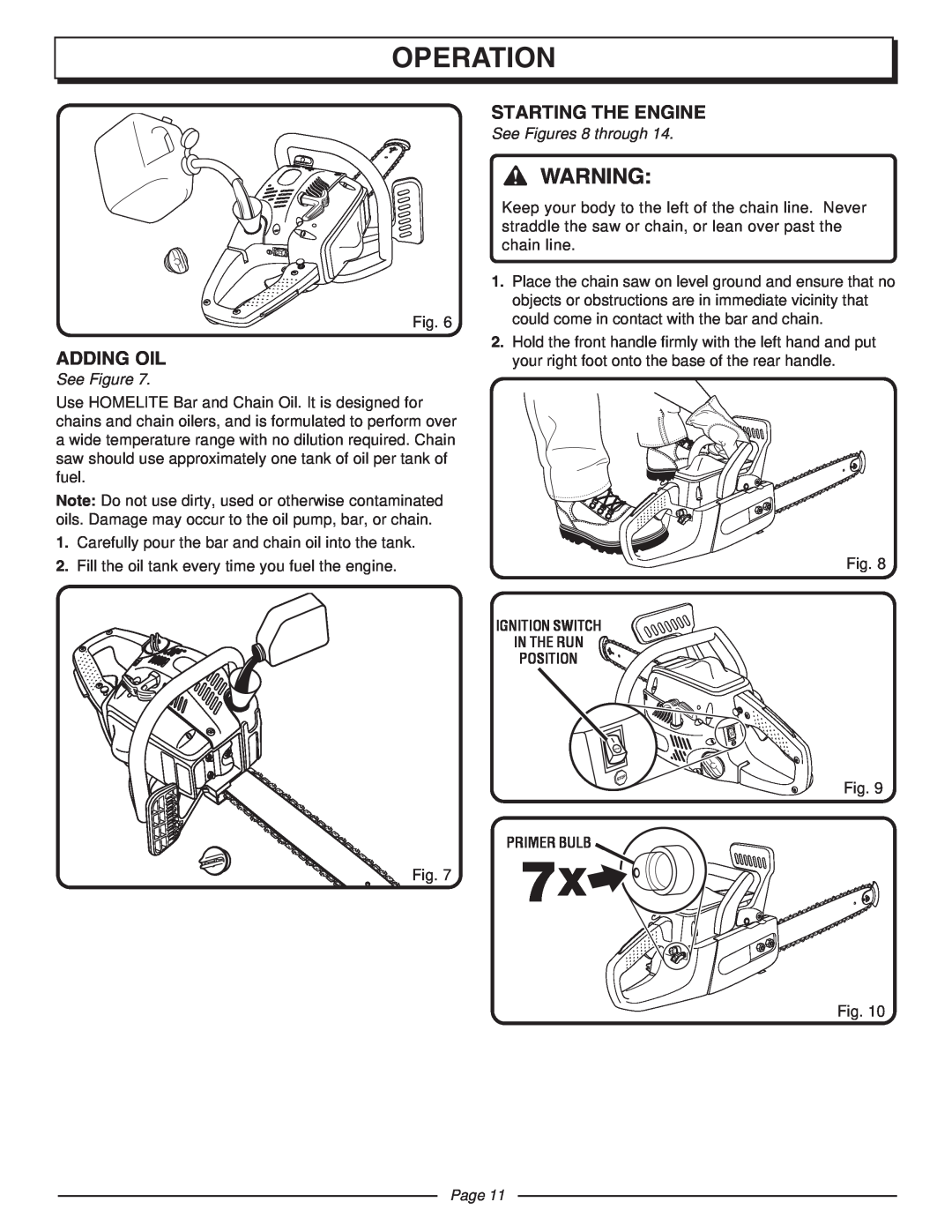 Homelite UT10510A manual Adding Oil, Starting The Engine, Operation, See Figures 8 through, Page 