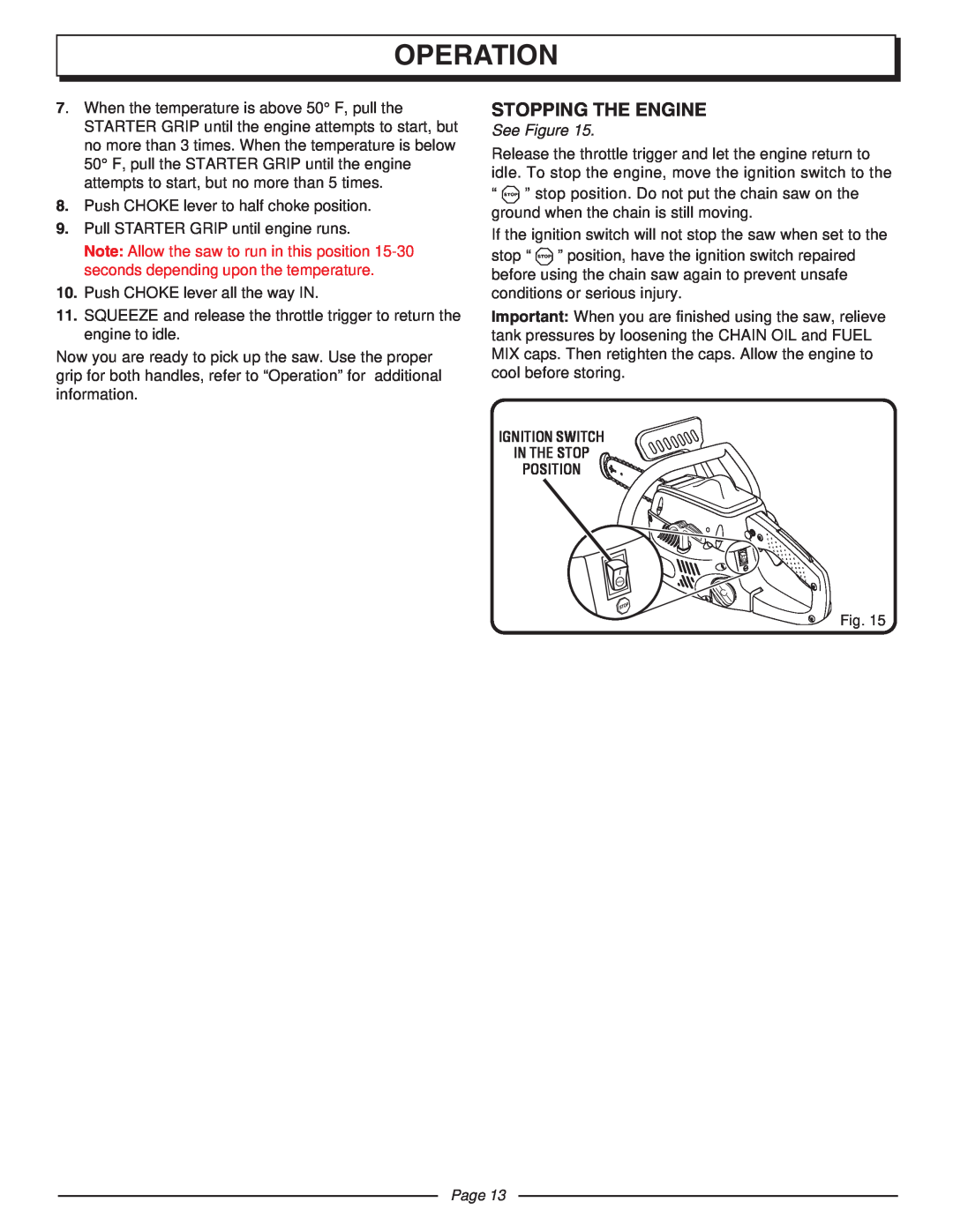 Homelite UT10510A manual Stopping The Engine, Operation, See Figure, Page 