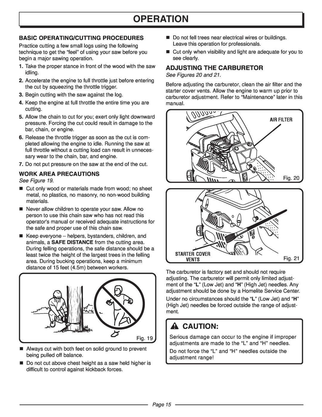 Homelite UT10510A Adjusting The Carburetor, Operation, Basic Operating/Cutting Procedures, Work Area Precautions, Page 