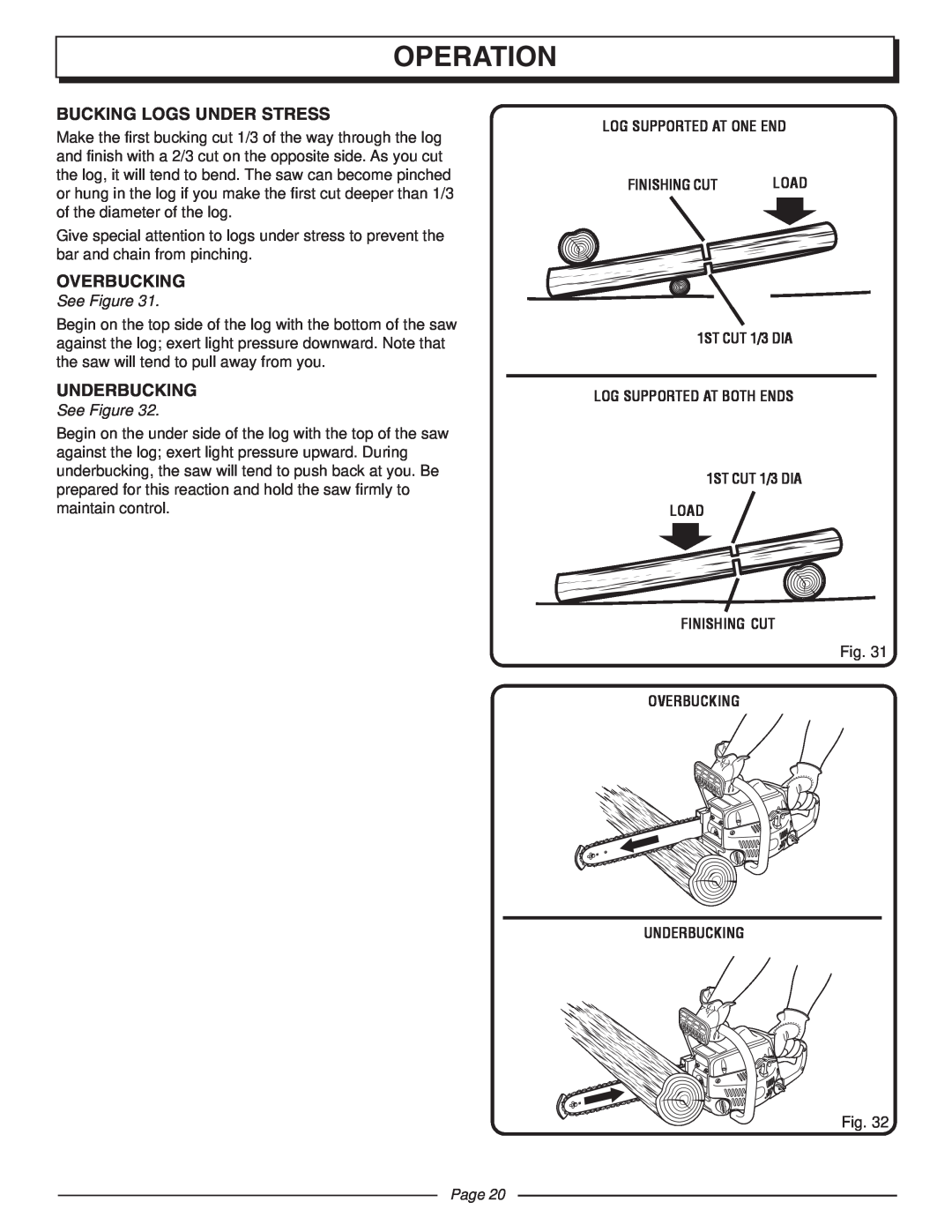 Homelite UT10510A manual Operation, Bucking Logs Under Stress, Overbucking, Underbucking, See Figure, Page 