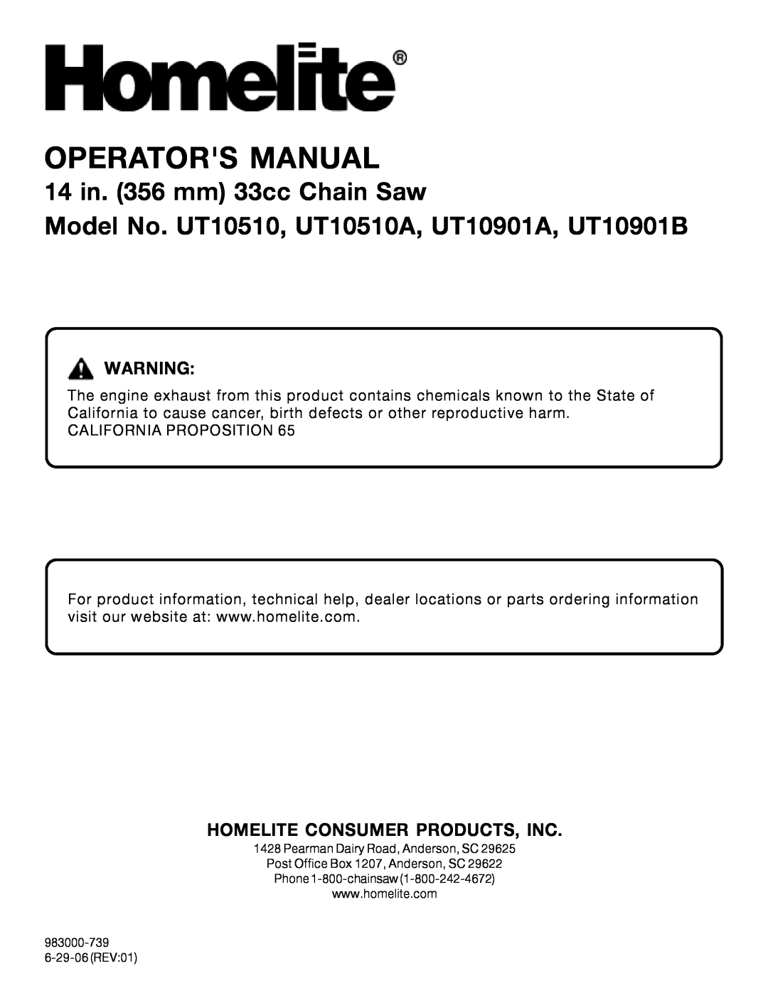 Homelite manual Operators Manual, 14 in. 356 mm 33cc Chain Saw, Model No. UT10510, UT10510A, UT10901A, UT10901B 