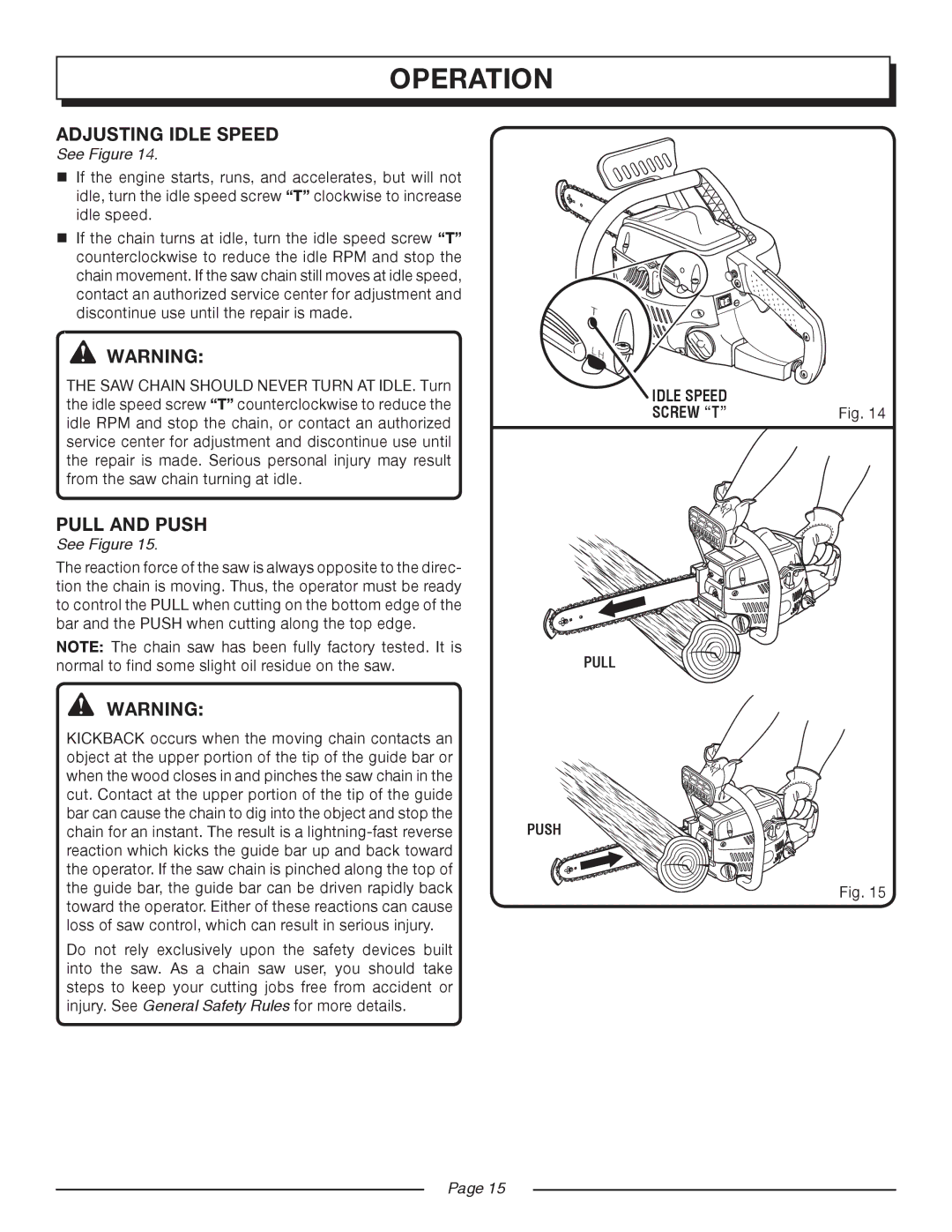 Homelite UT10514/14 IN. 33CC, UT10516/16 IN. 33CC manual Adjusting Idle Speed, Pull and Push 