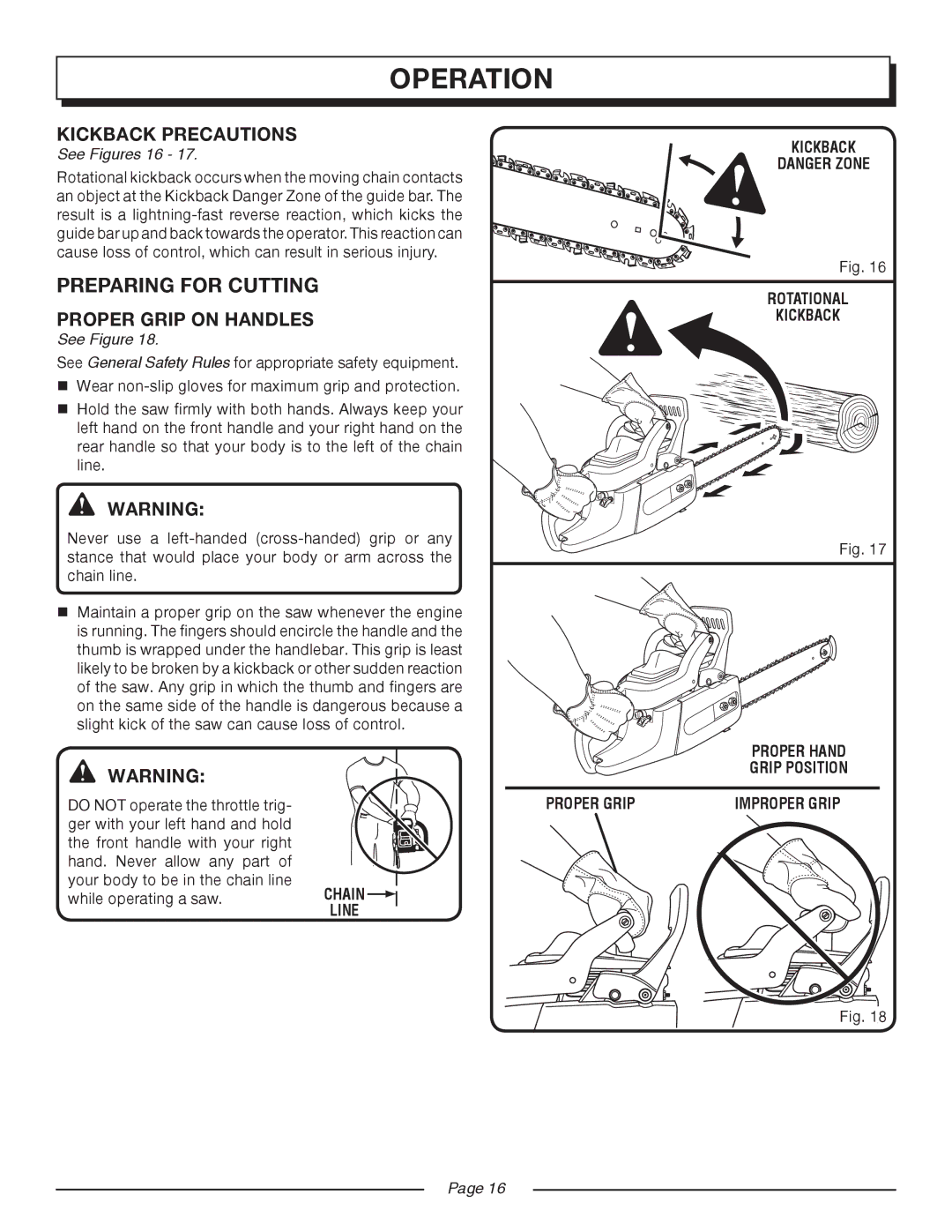 Homelite UT10516/16 IN. 33CC, UT10514/14 IN. 33CC manual Kickback Precautions, Proper Grip on Handles, See Figures 16 