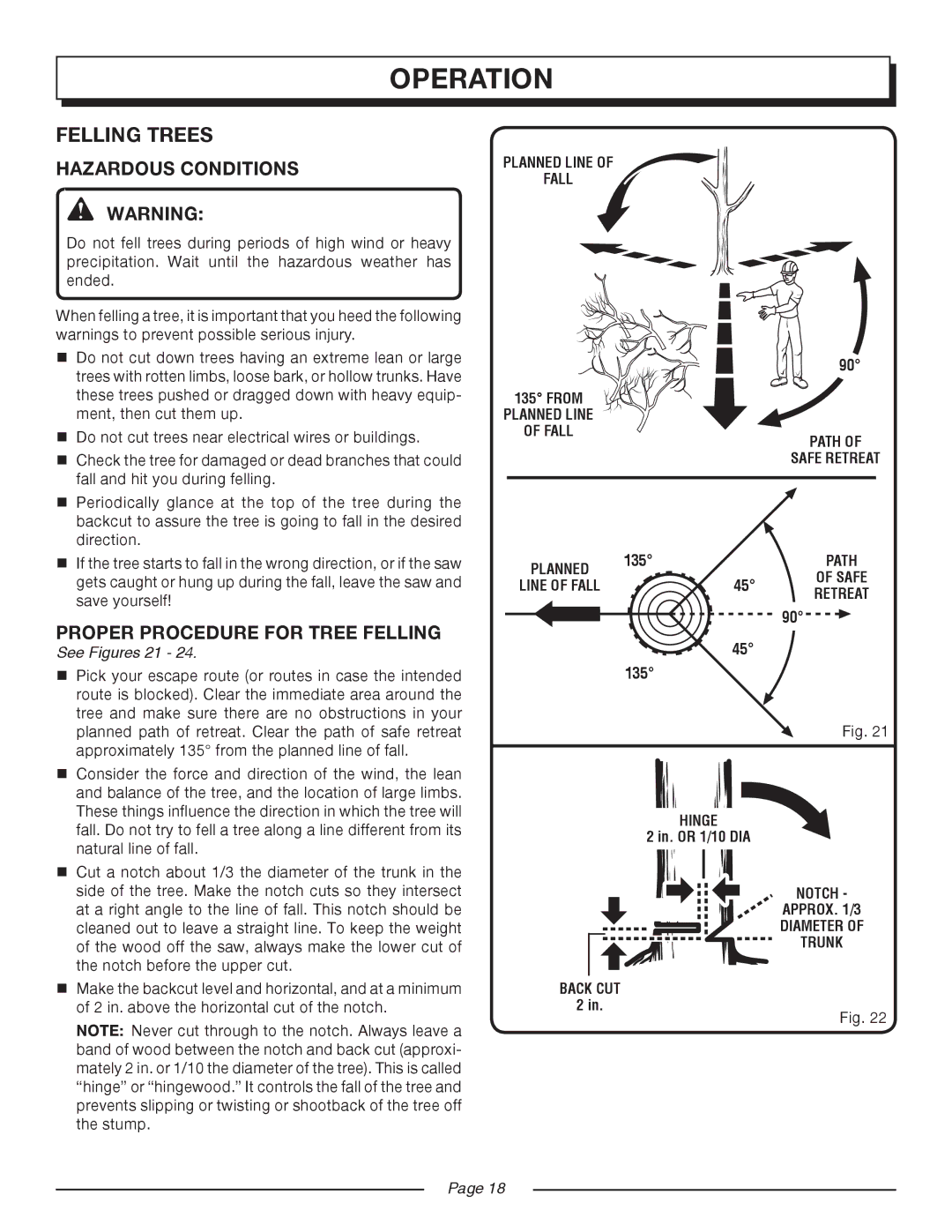 Homelite UT10516/16 IN. 33CC, UT10514/14 IN. 33CC Hazardous Conditions, Proper Procedure for Tree Felling, See Figures 21 