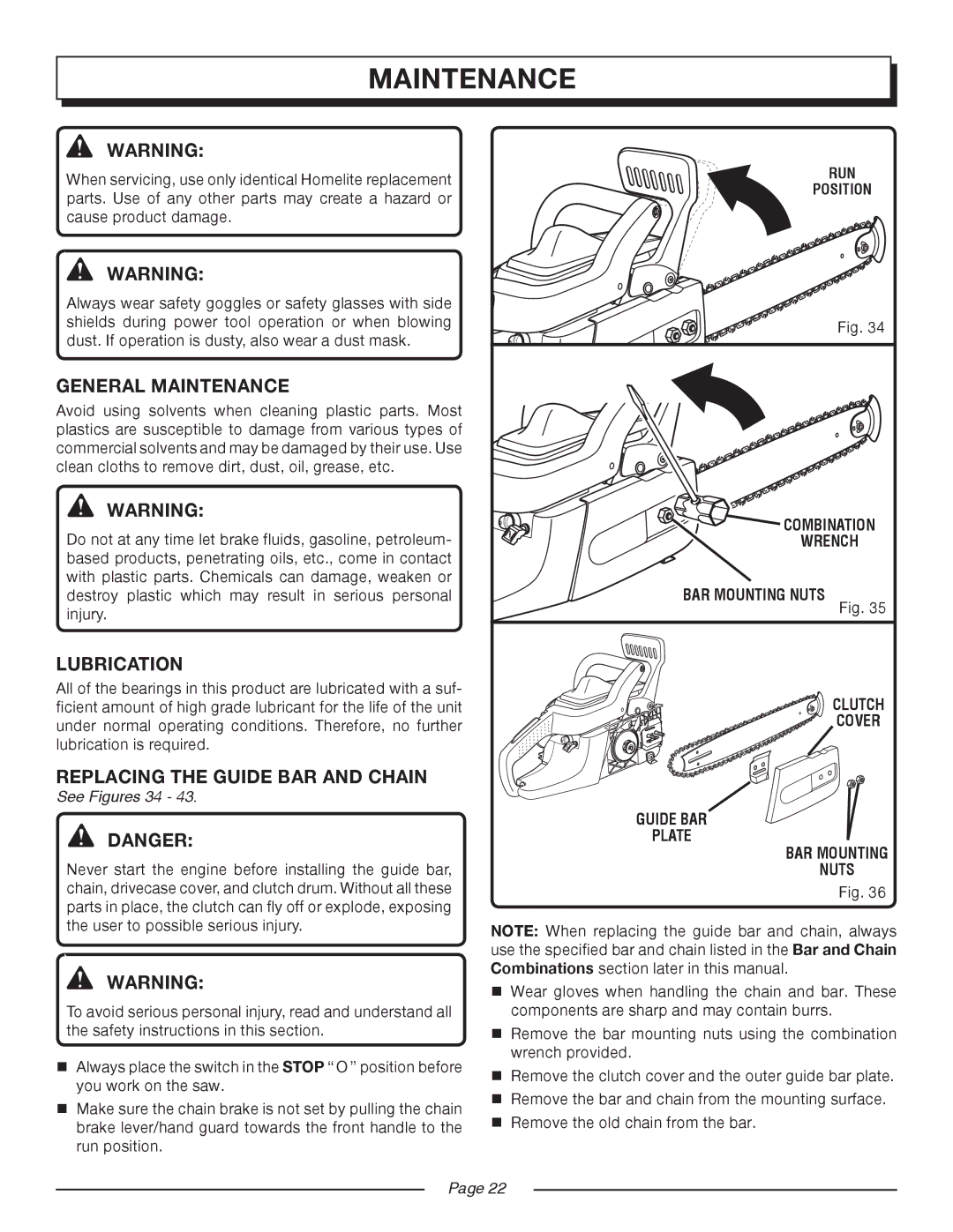 Homelite UT10516/16 IN. 33CC, UT10514/14 IN. 33CC manual General Maintenance, Lubrication, See Figures 34 