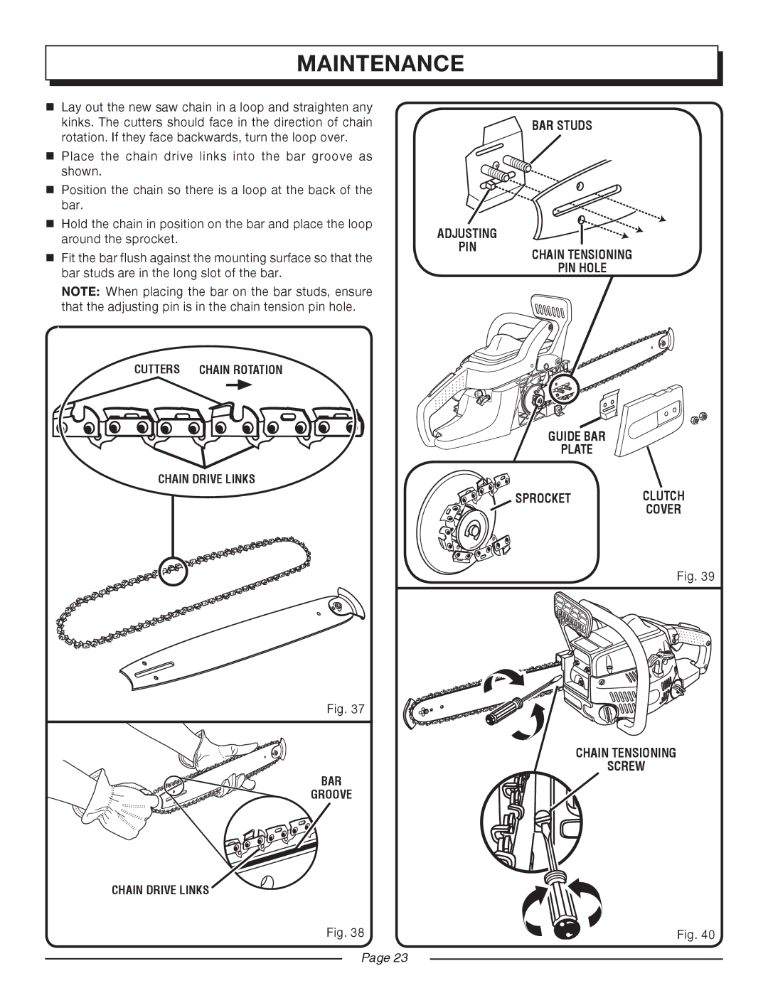 Homelite UT10514/14 IN. 33CC manual Adjusting, Cutters chain rotation Chain drive links, Chain tensioning Pin hole 