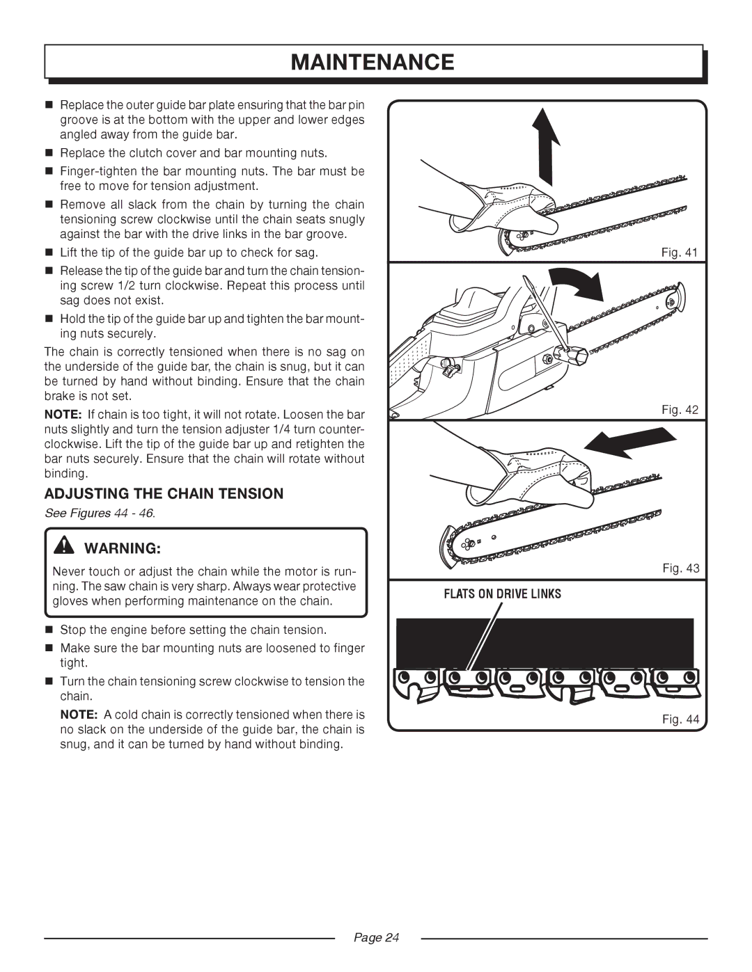 Homelite UT10516/16 IN. 33CC, UT10514/14 IN. 33CC manual Adjusting the Chain Tension, See Figures 44 