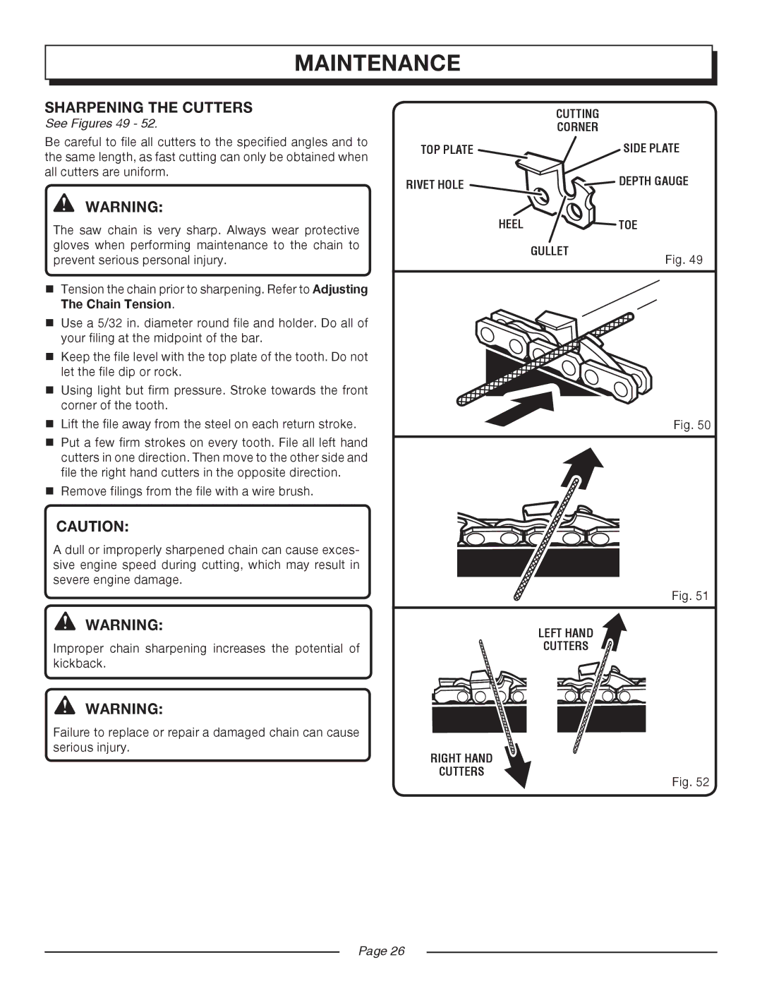 Homelite UT10516/16 IN. 33CC, UT10514/14 IN. 33CC manual Sharpening the Cutters, See Figures 49 