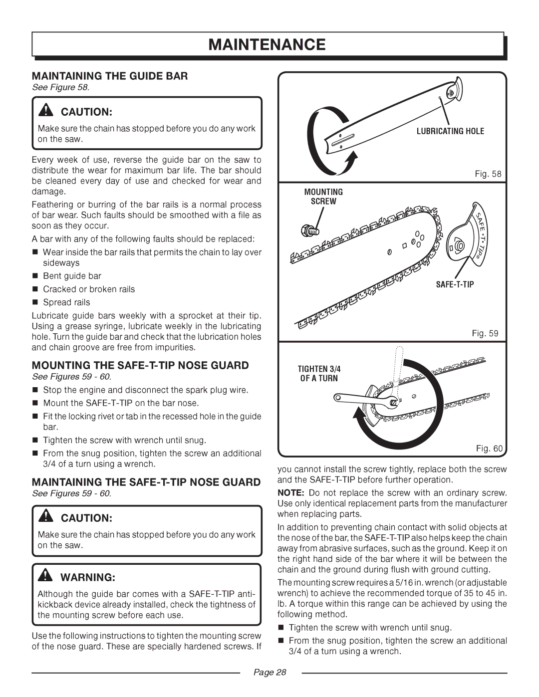 Homelite UT10516/16 IN. 33CC manual Maintaining the Guide BAR, Mounting the SAFE-T-TIP Nose Guard, See Figures 59 