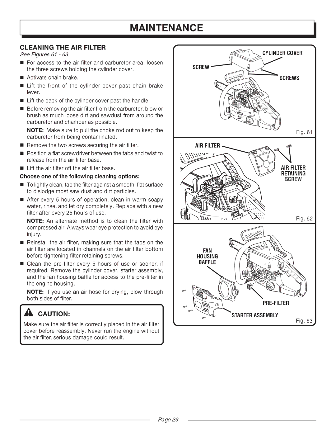 Homelite UT10514/14 IN. 33CC manual Cleaning the AIR Filter, See Figures 61, Choose one of the following cleaning options 