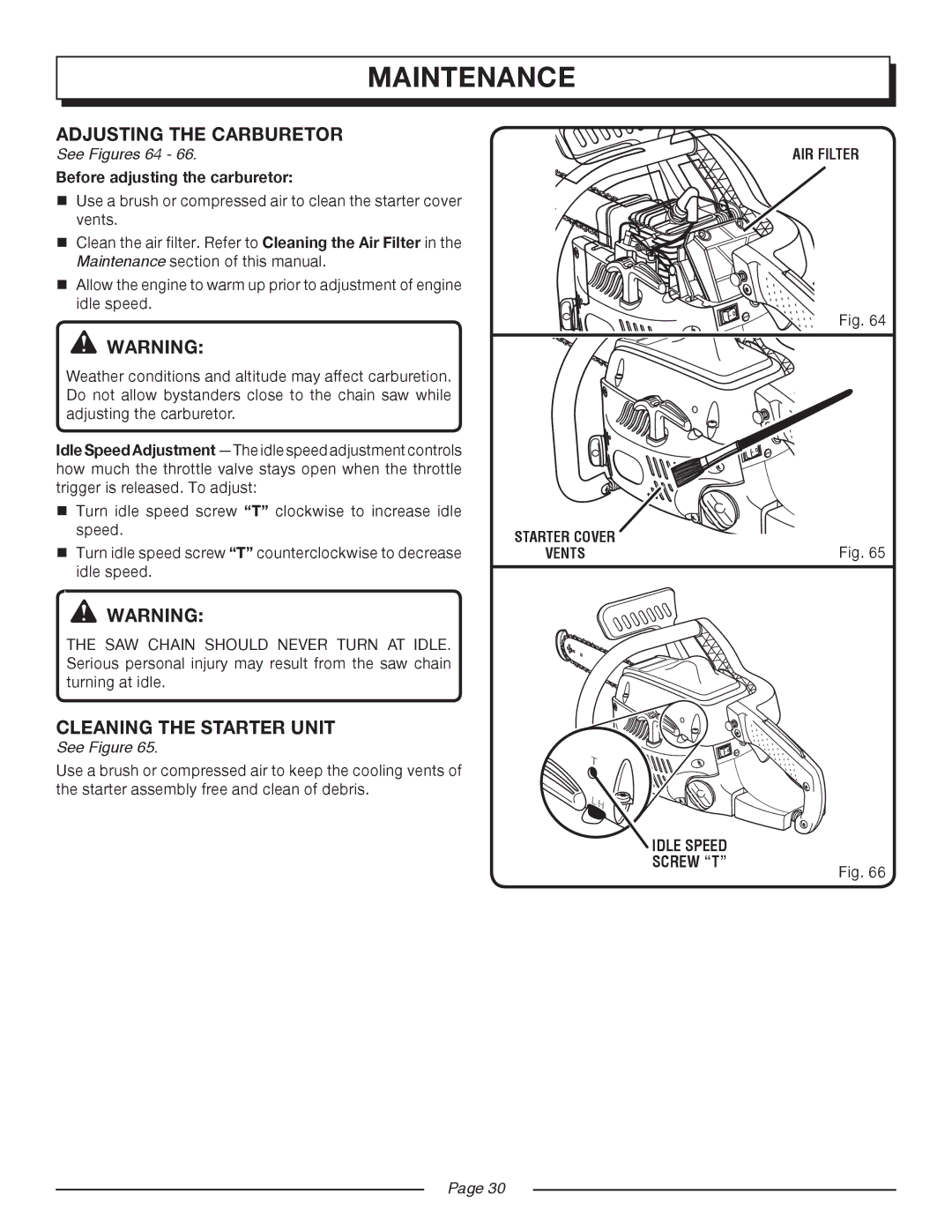 Homelite UT10516/16 IN. 33CC, UT10514/14 IN. 33CC manual Adjusting the Carburetor, Cleaning the Starter Unit, See Figures 64 