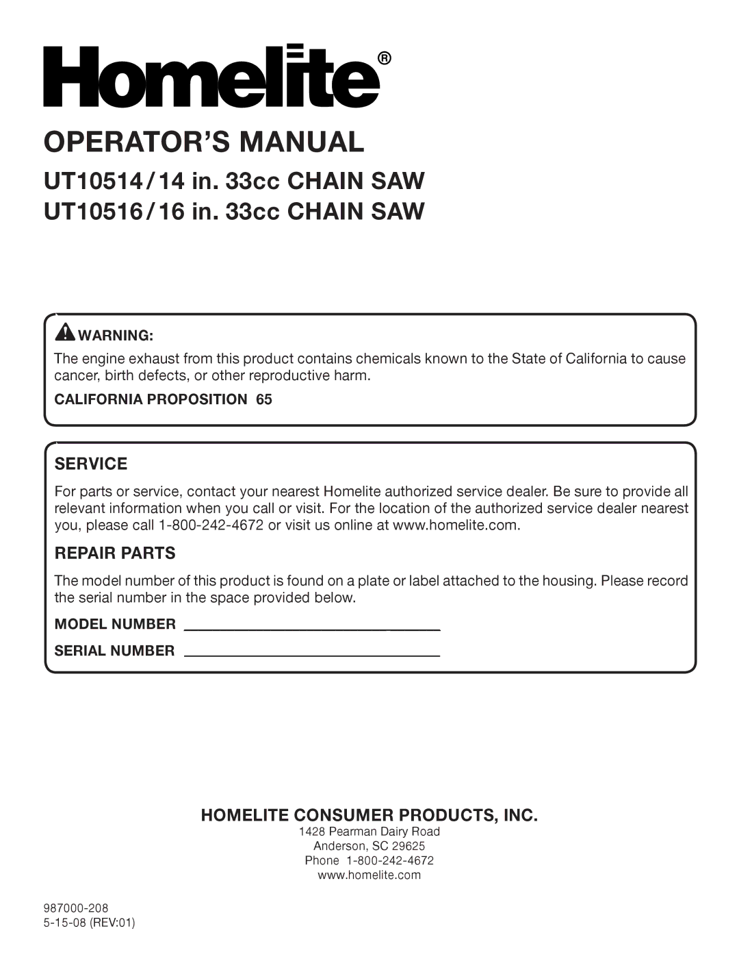 Homelite UT10516/16 IN. 33CC, UT10514/14 IN. 33CC manual California Proposition, Serial Number 