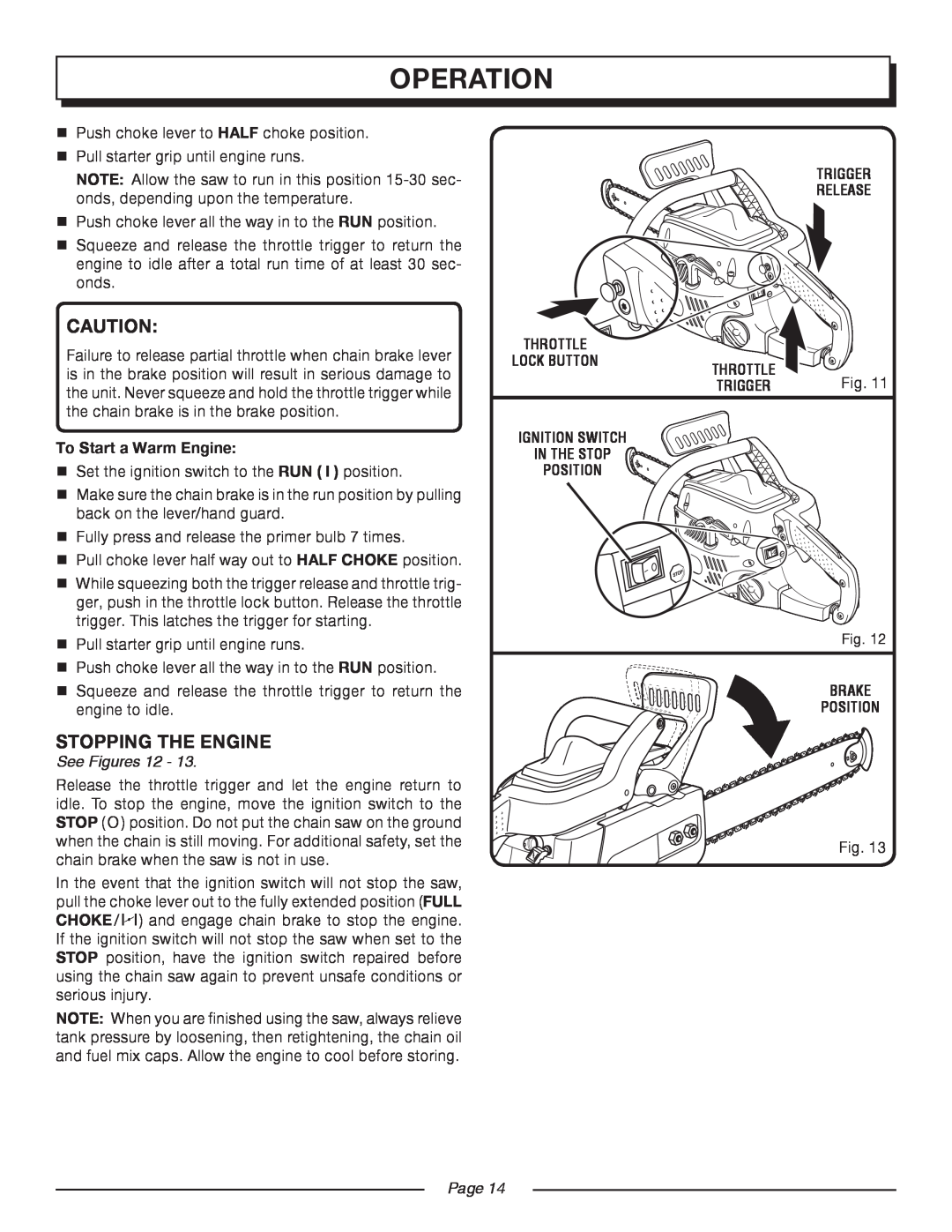 Homelite UT10516/16 IN. 33CC Stopping The Engine, operation, To Start a Warm Engine, See Figures, Trigger RELEASE, trigger 