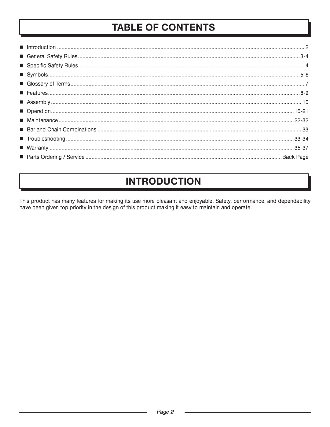 Homelite UT10516/16 IN. 33CC manual table of contents, introduction, 10-21, 22-32, 33-34, 35-37, Back Page, Page  