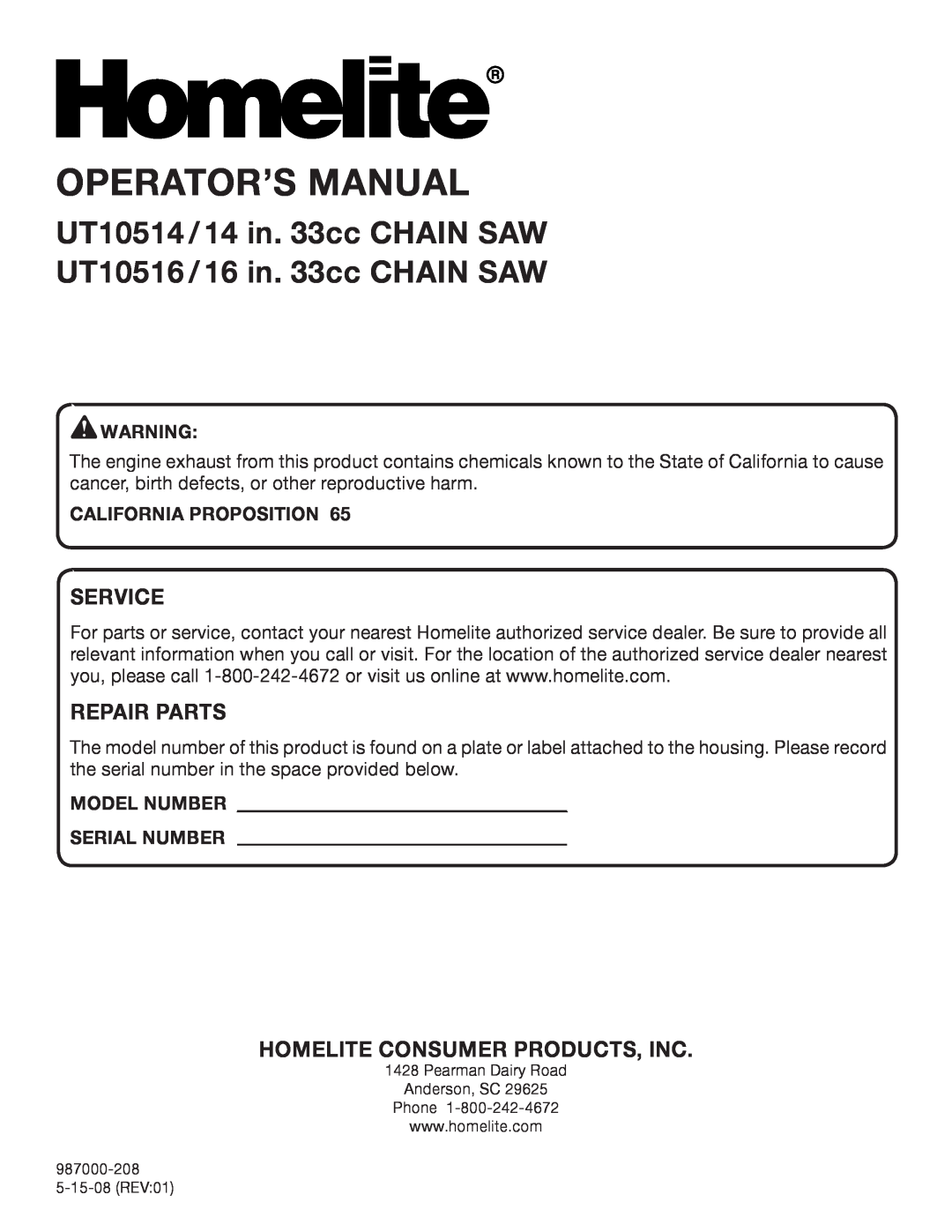 Homelite UT10516/16 IN. 33CC manual Service, Repair Parts, Homelite Consumer Products, Inc, California Proposition 