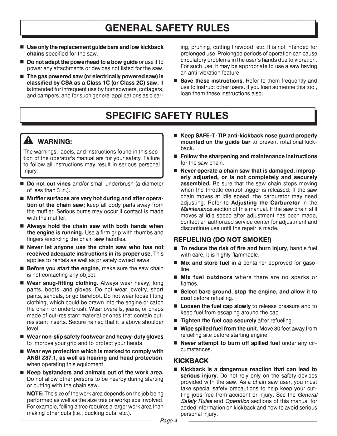 Homelite UT10516/16 IN. 33CC manual specific safety rules, Refueling Do Not Smoke, Kickback, general safety rules, Page  