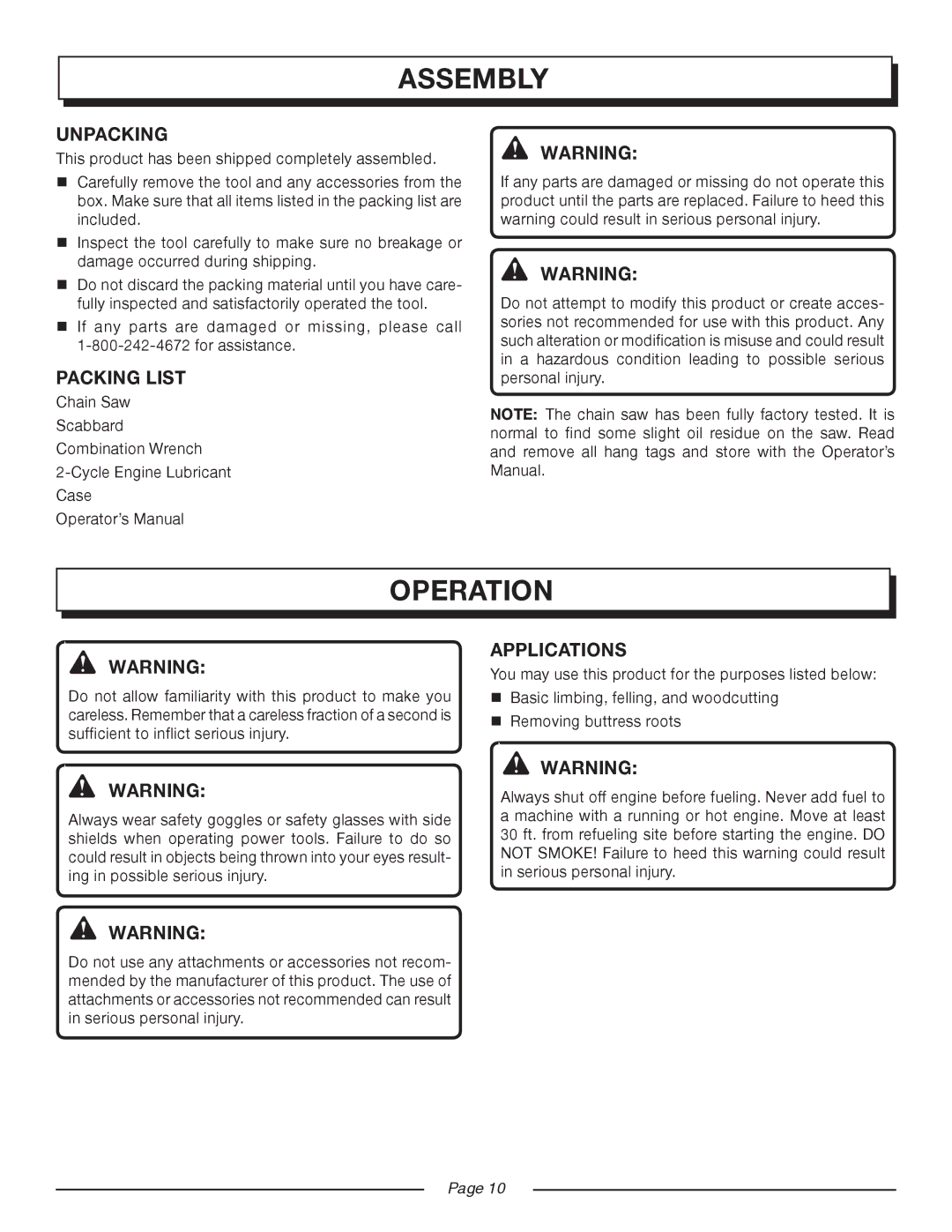 Homelite UT10517/18 manual Assembly, Operation, Unpacking, Packing List, Applications 