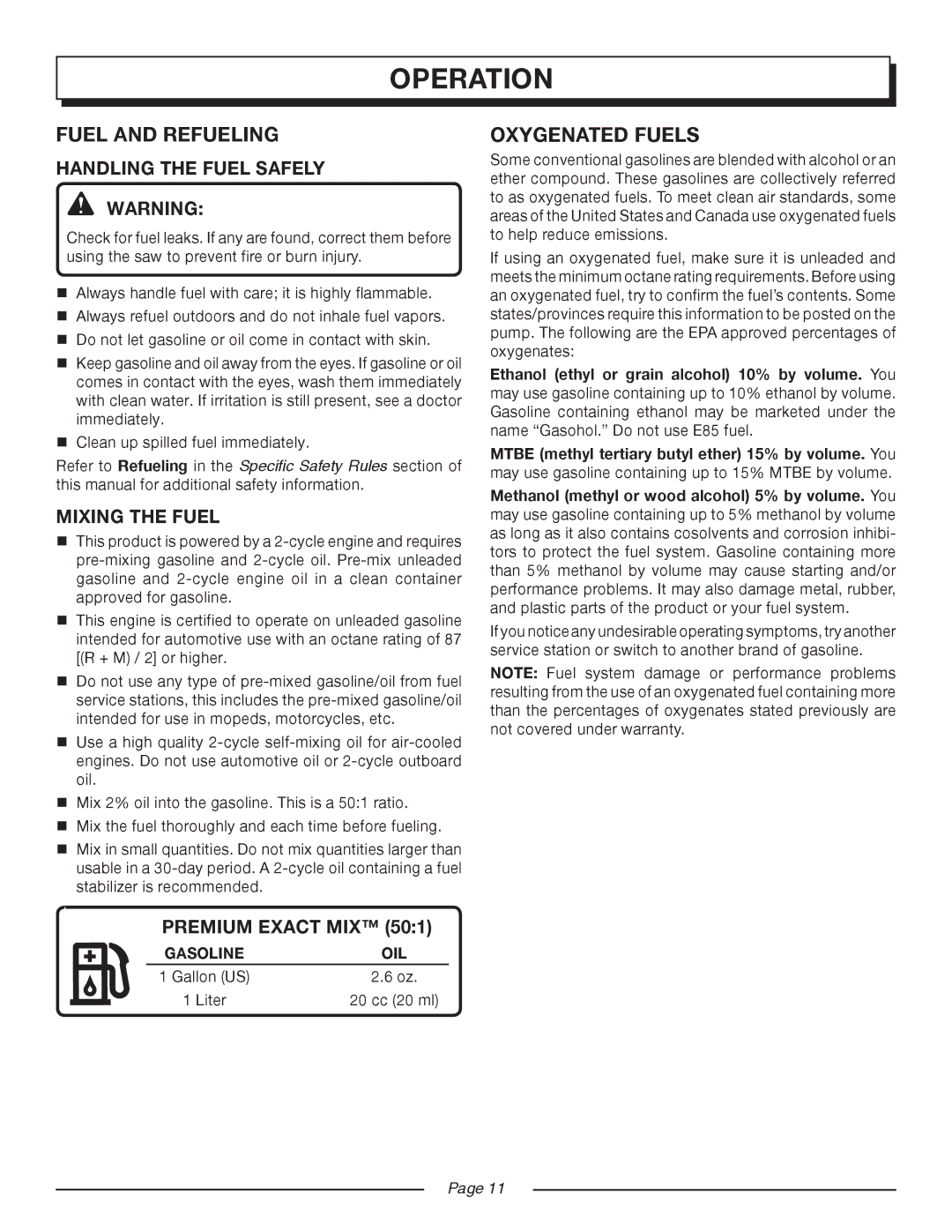 Homelite UT10517/18 manual Handling the Fuel Safely, Mixing the Fuel, Premium Exact MIX 